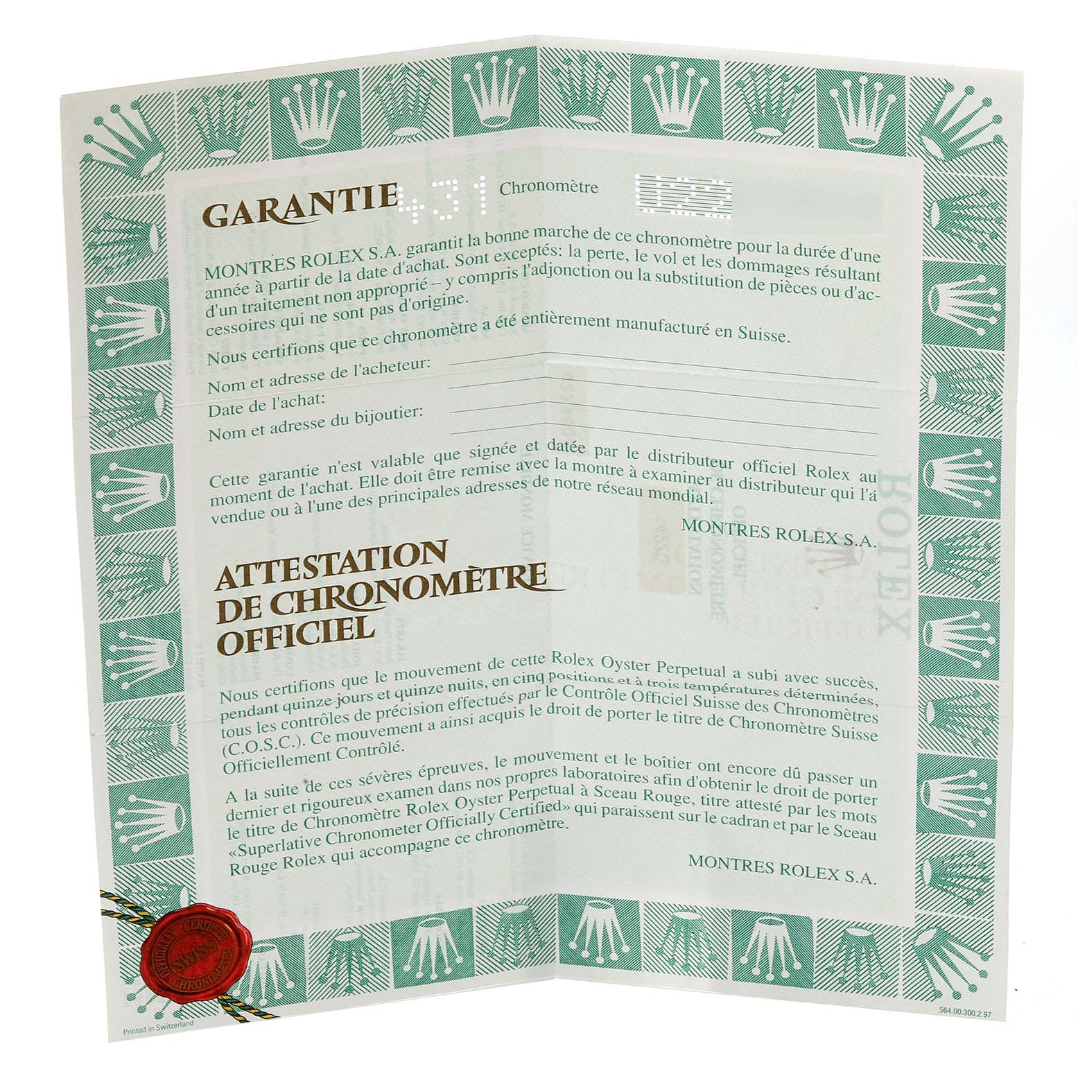 The image shows the warranty certificate for the Rolex Oyster Perpetual Explorer model, displayed fully open.