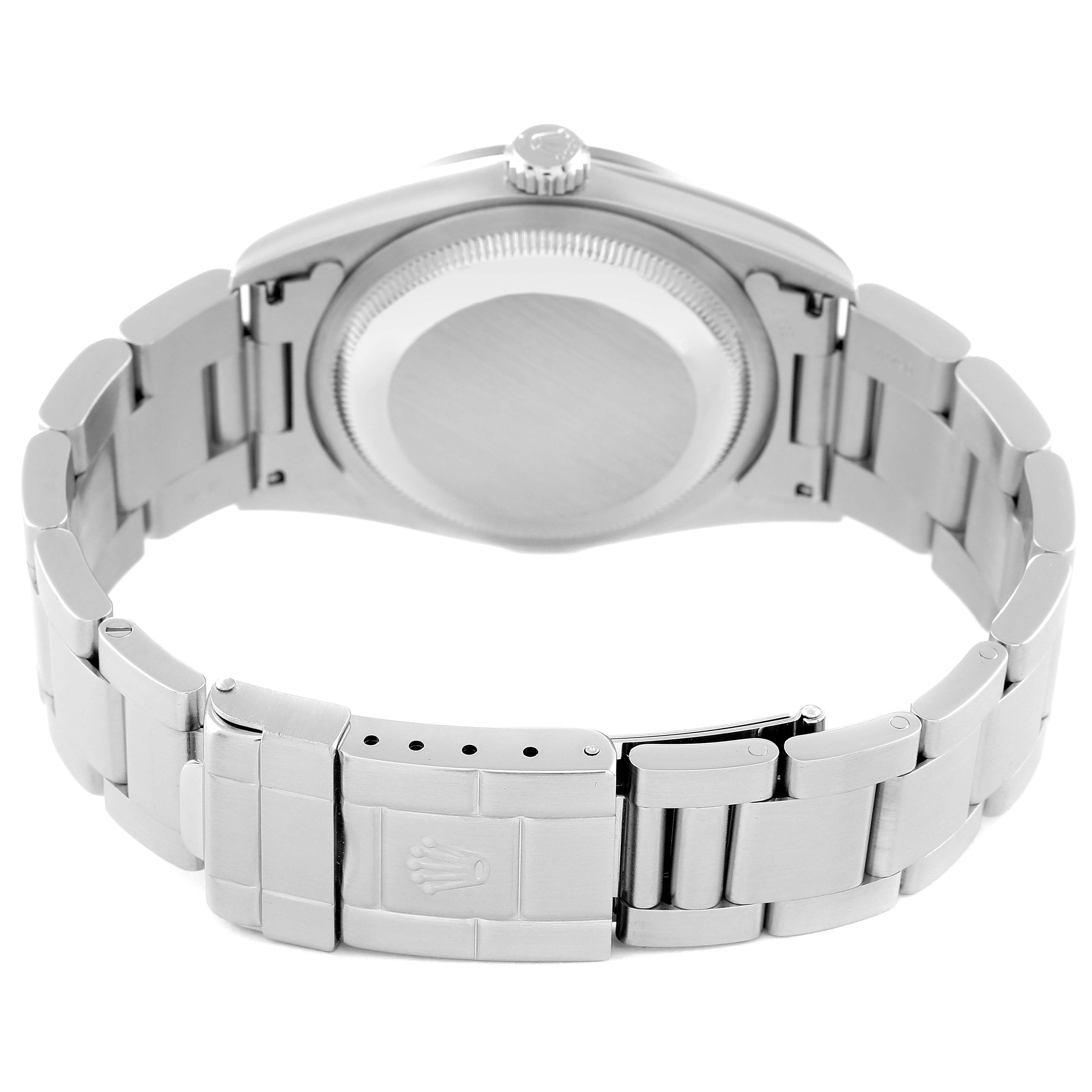 The image shows the back case and bracelet clasp of a Rolex Explorer 14270 Men's Stainless Steel Black Dial 14270 Men's Stainless Steel Black Dial watch.