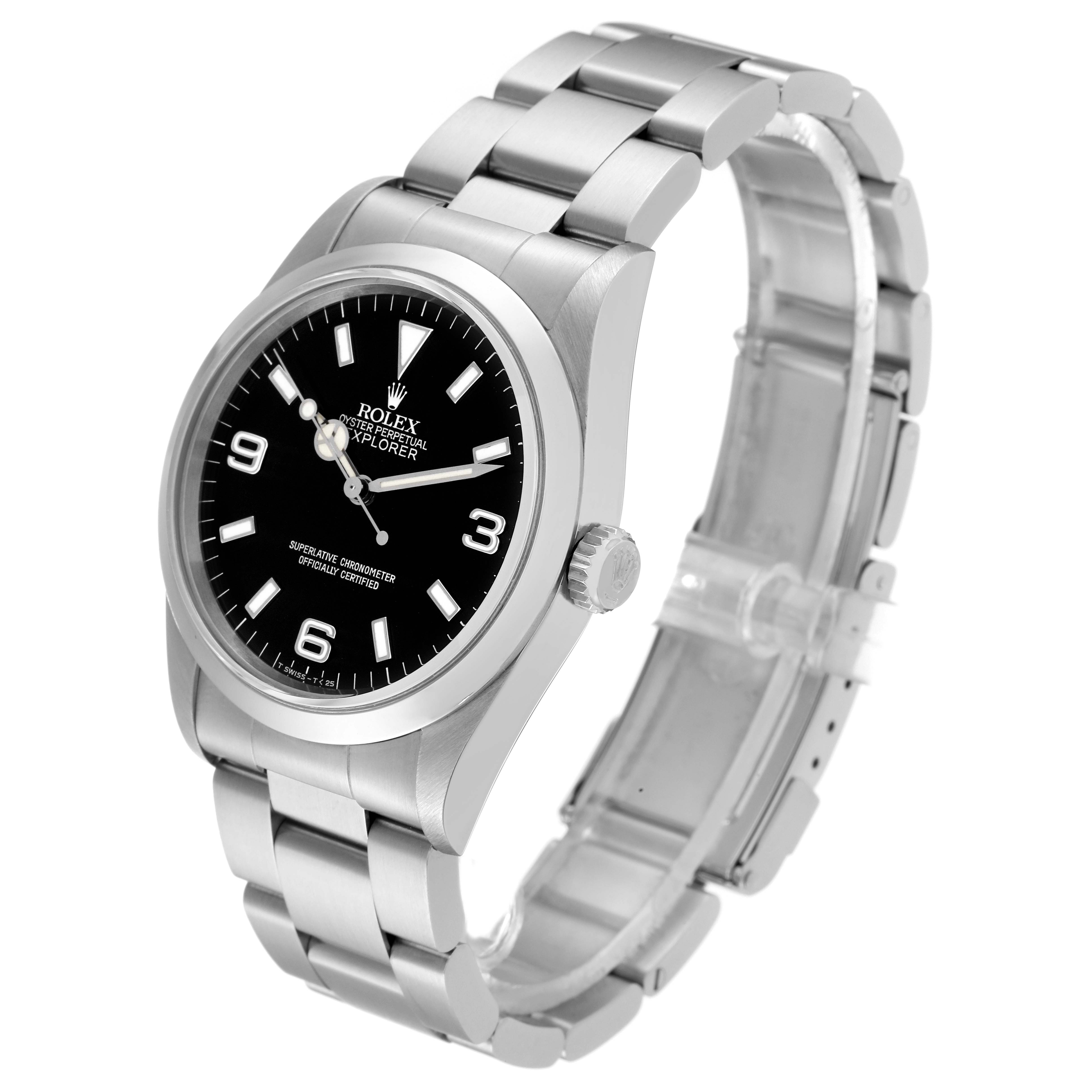 The image shows a Rolex Explorer 14270 Men's Stainless Steel Black Dial 14270 Men's Stainless Steel Black Dial watch at a three-quarter angle emphasizing the face, bezel, case, and metal bracelet.