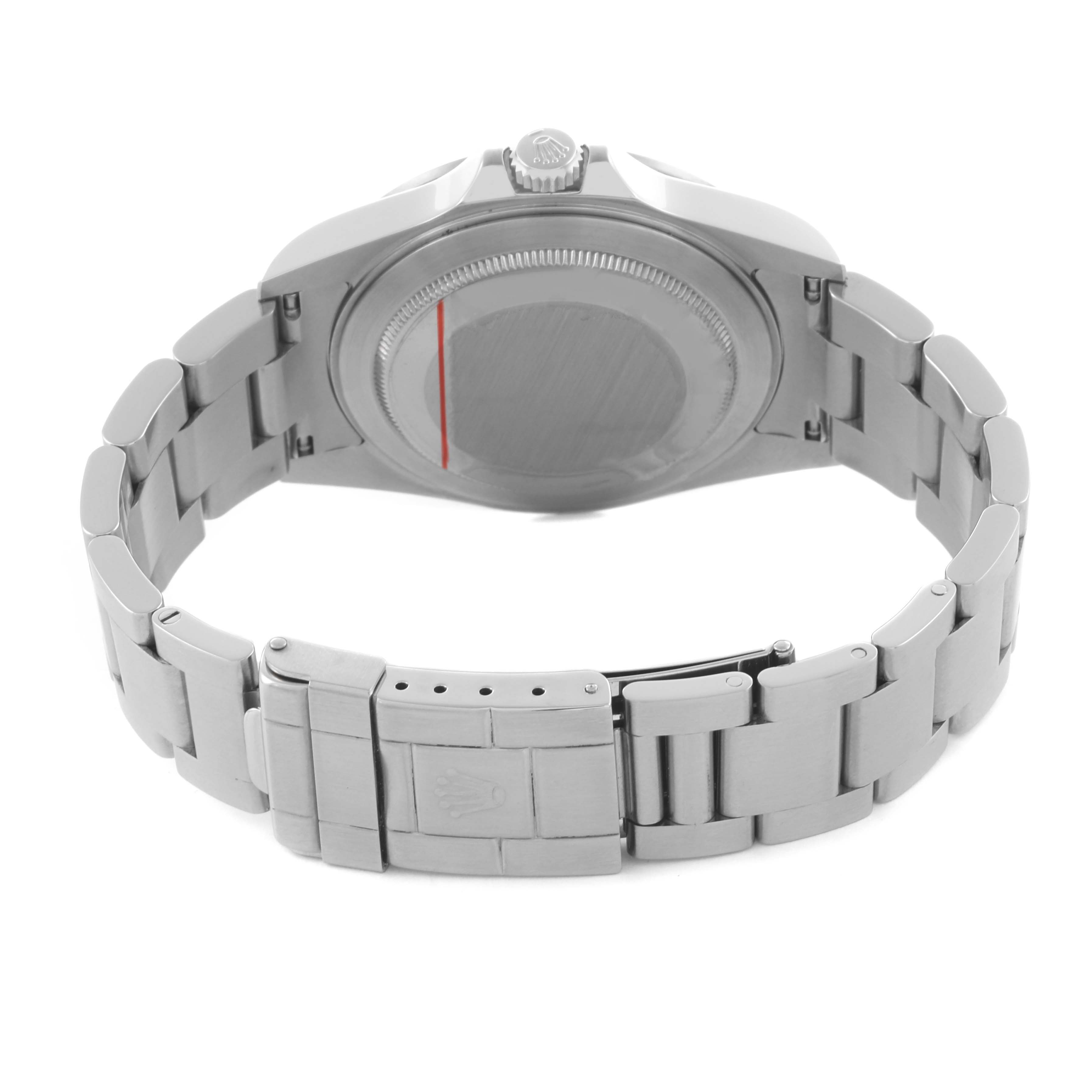 The image shows the back case and bracelet of a Rolex Explorer 16570 Men's Stainless Steel White Dial 16570 Men's Stainless Steel White Dial watch from a side angle.