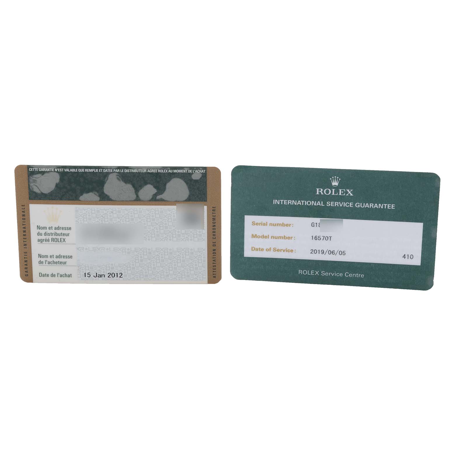 The image shows two cards, a warranty and service guarantee, for a Rolex Explorer 16570 Men's Stainless Steel White Dial 16570 Men's Stainless Steel White Dial watch.
