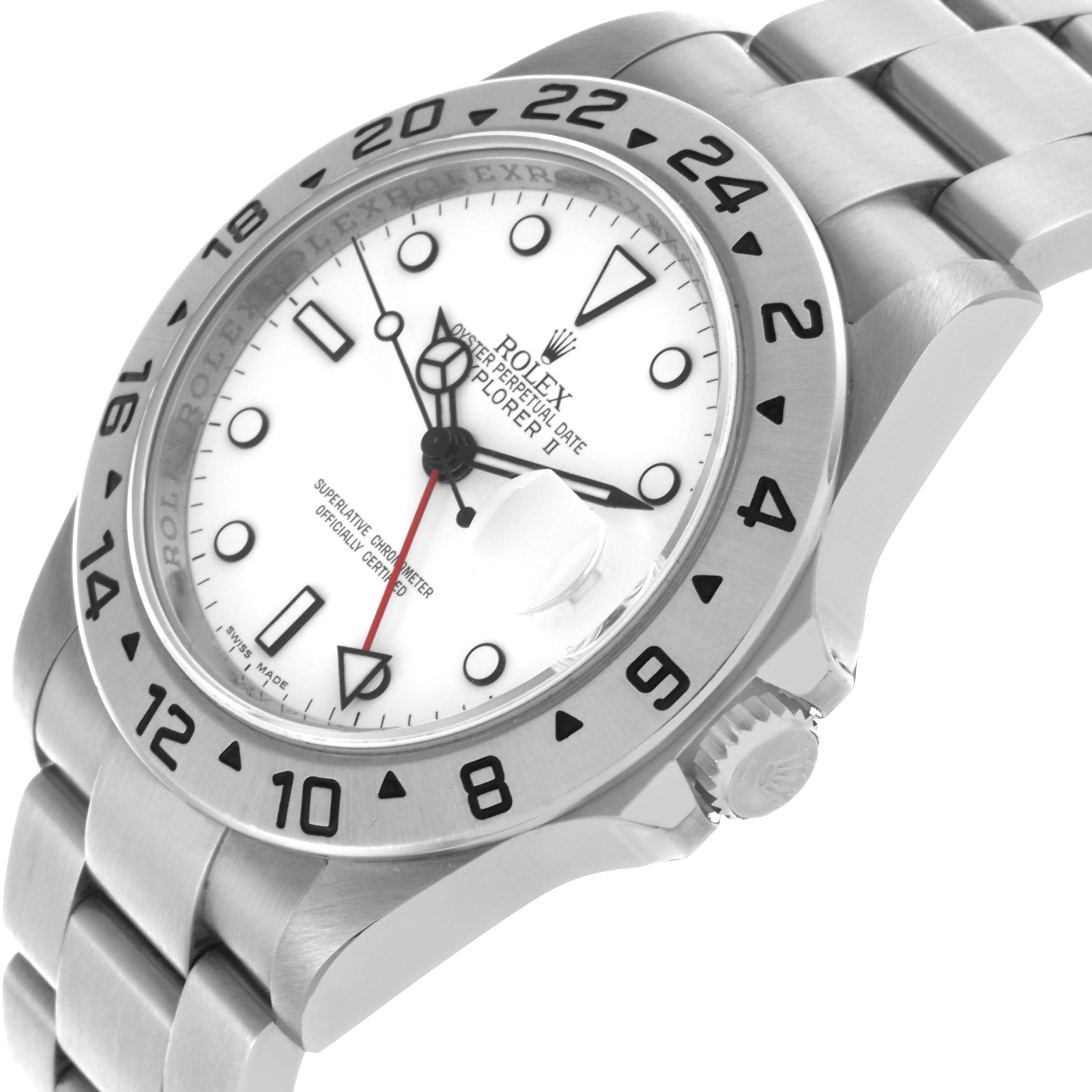 The Rolex Explorer 16570 Men's Stainless Steel White Dial 16570 Men's Stainless Steel White Dial watch is shown from a side angle, highlighting the face, bezel, and bracelet.