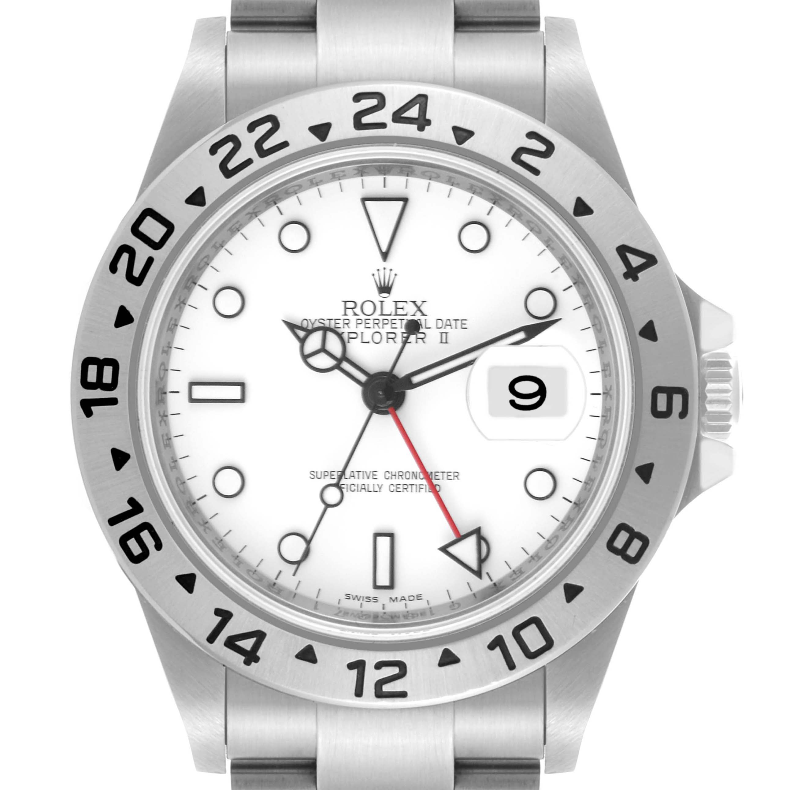 The Rolex Explorer 16570 Men's Stainless Steel White Dial 16570 Men's Stainless Steel White Dial model is shown from a front angle, highlighting the bezel, dial, and part of the bracelet.