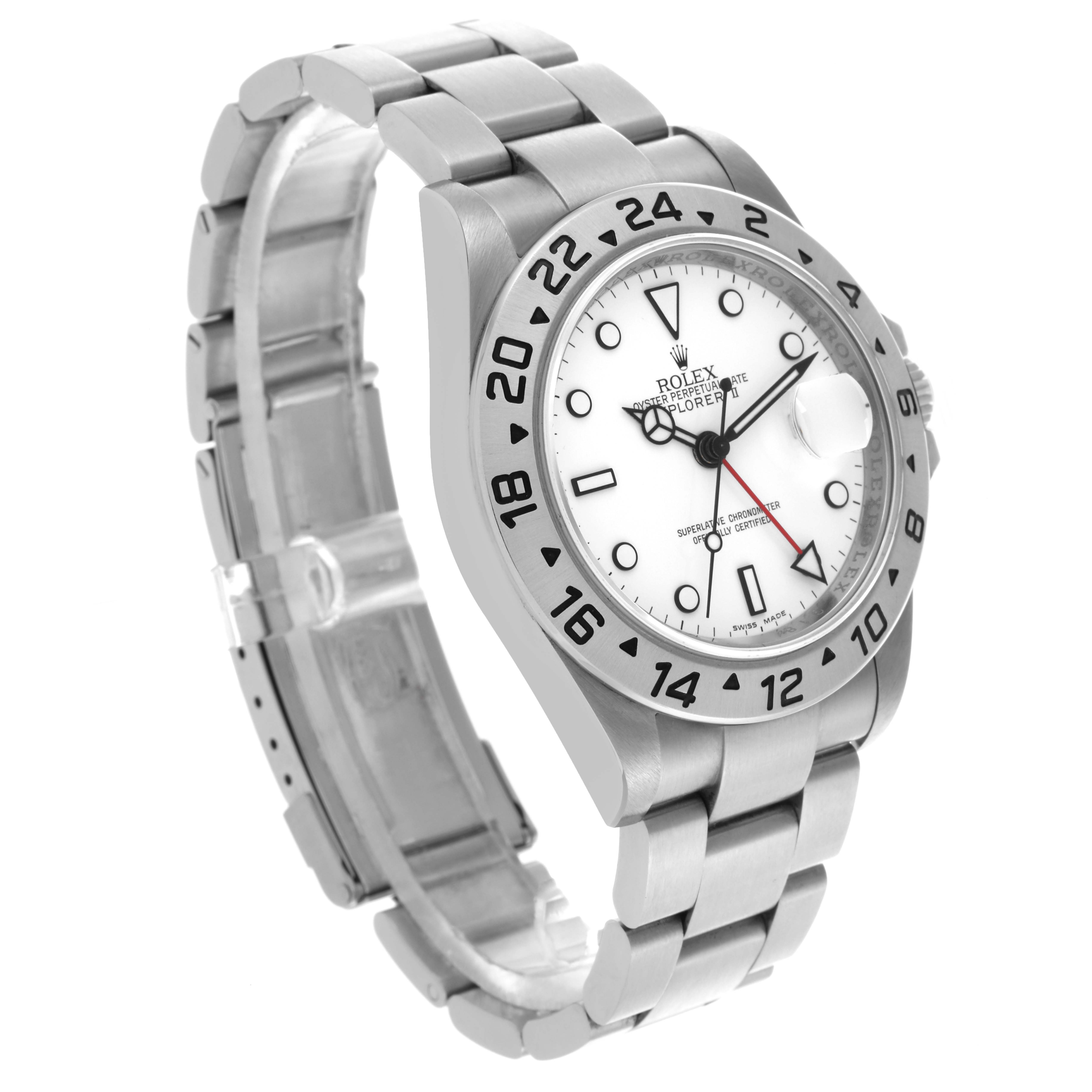 The image shows a side angle of the Rolex Explorer 16570 Men's Stainless Steel White Dial 16570 Men's Stainless Steel White Dial watch, highlighting the face, bezel, and bracelet.