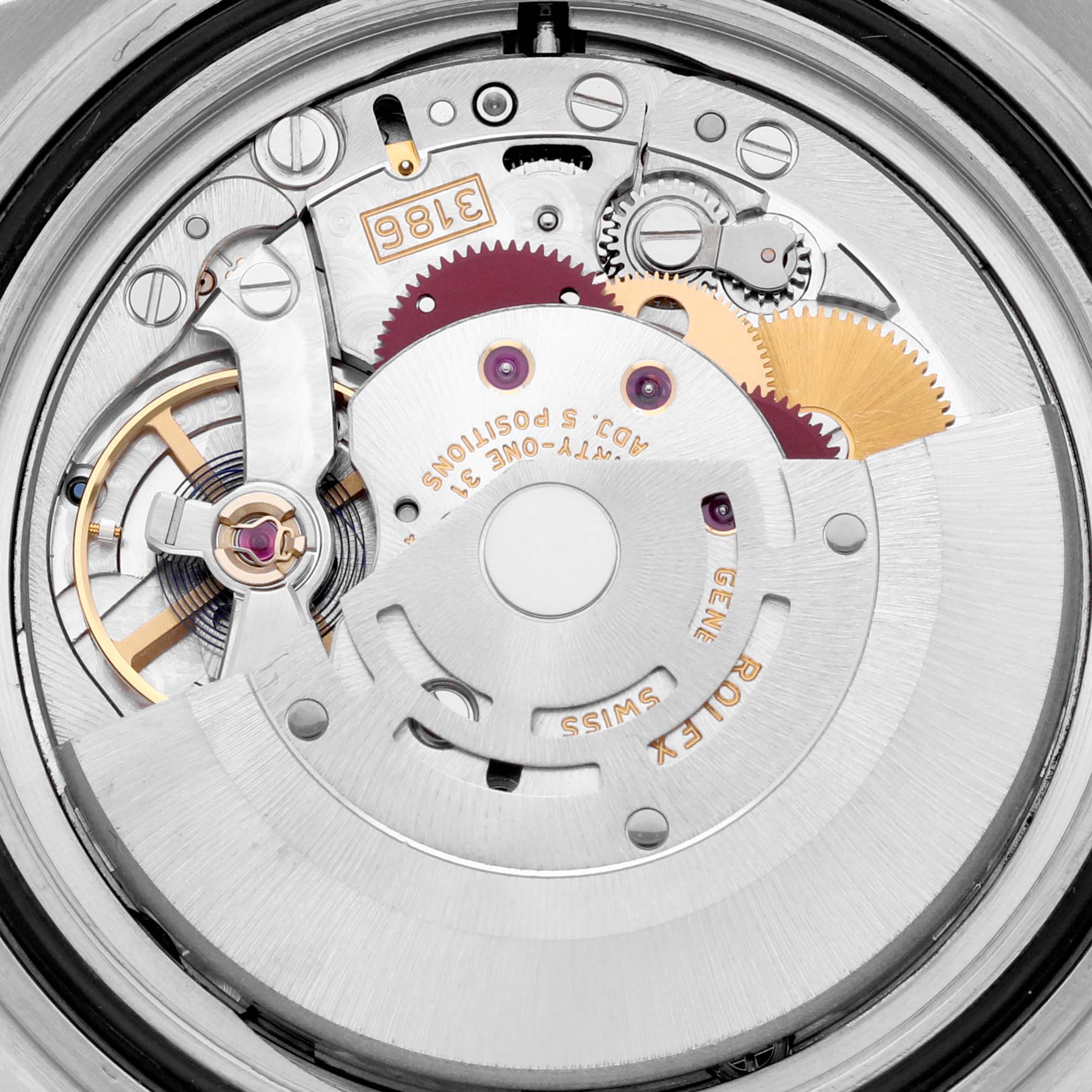 This close-up image shows the intricate movement of the Rolex Explorer 16570 Men's Stainless Steel White Dial 16570 Men's Stainless Steel White Dial watch, featuring gears and a balance wheel.