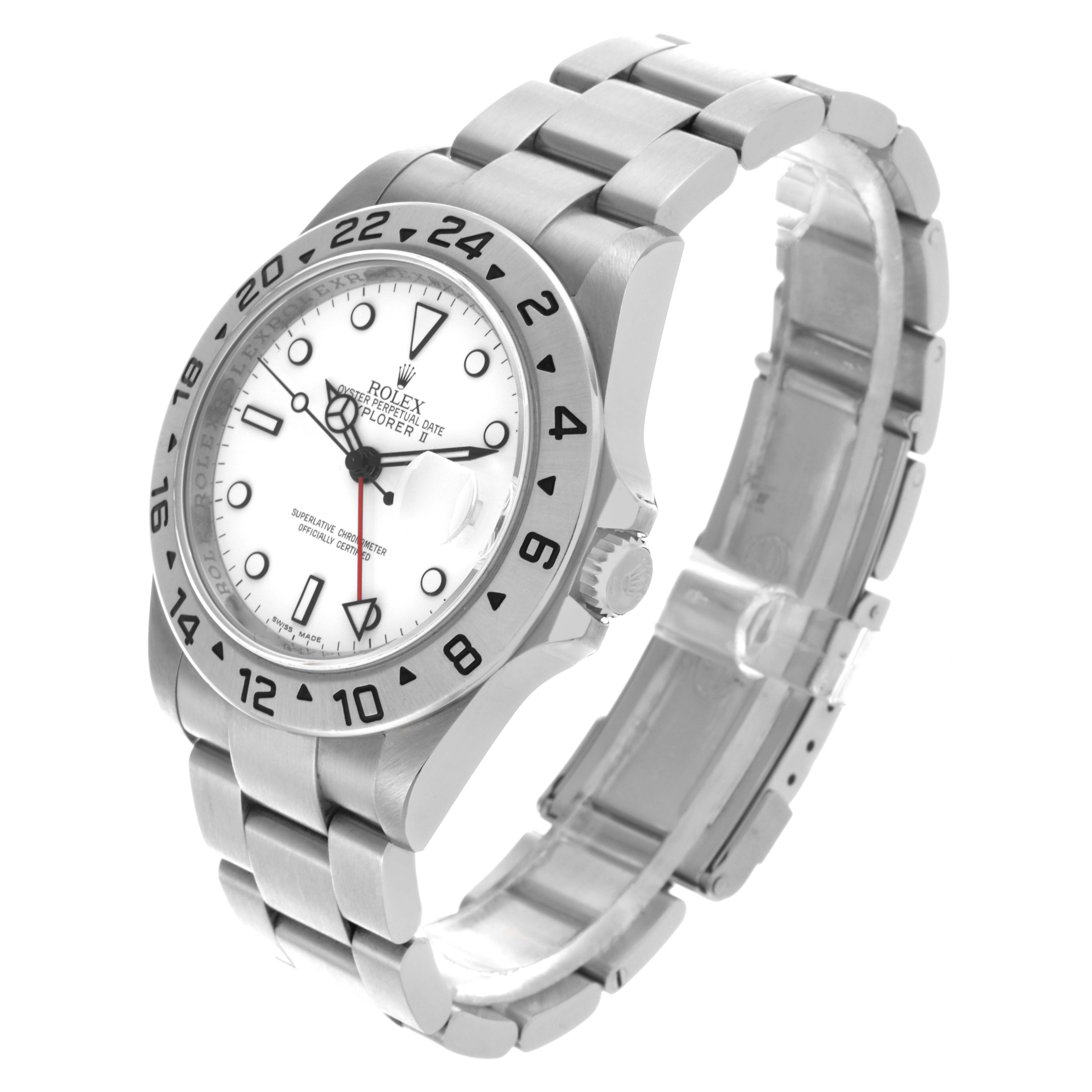 The Rolex Explorer 16570 Men's Stainless Steel White Dial 16570 Men's Stainless Steel White Dial watch is shown at an angled view highlighting the face, bezel, and part of the bracelet.