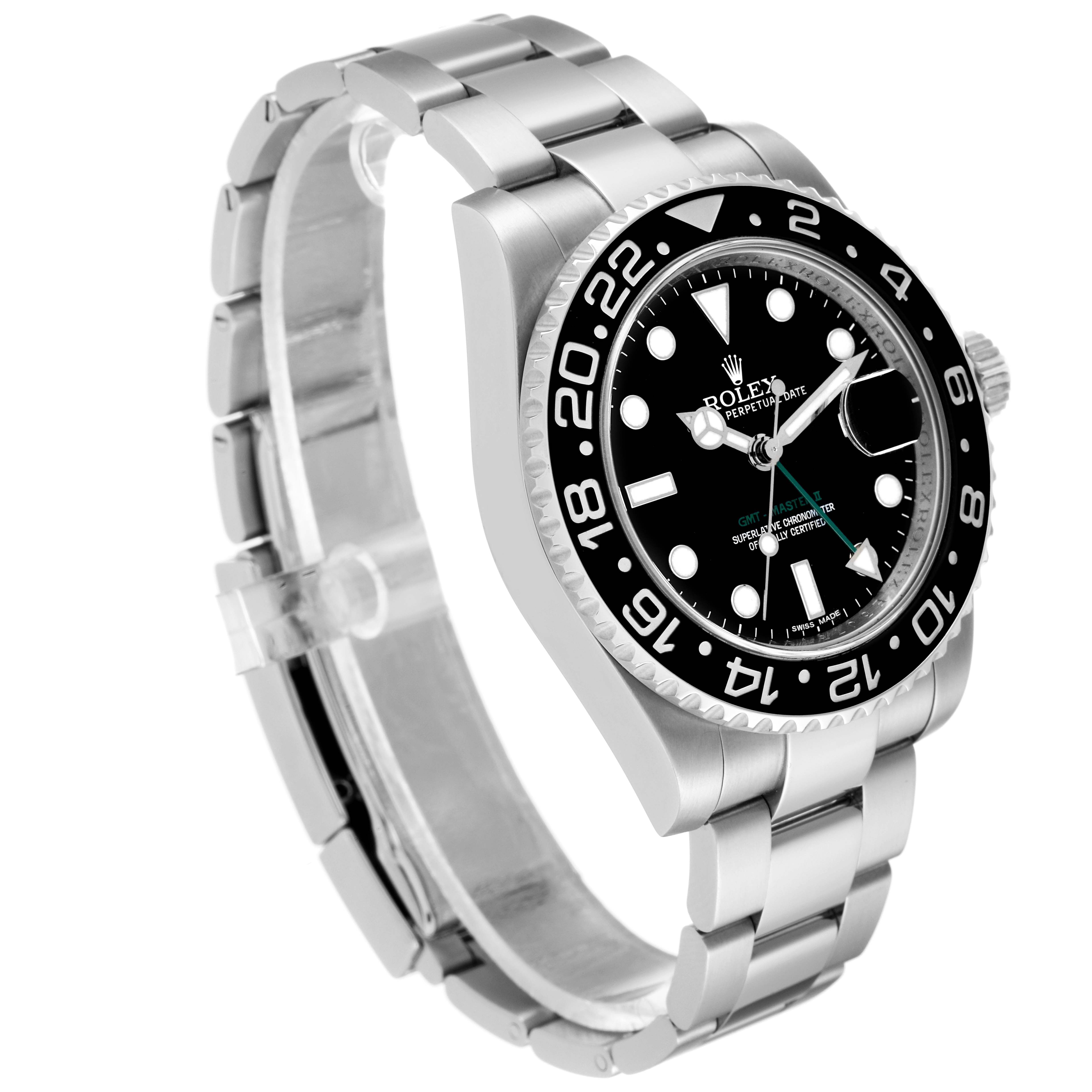 The Rolex GMT-Master 116710 Men
s Stainless Steel Black Dial 116710 Men
s Stainless Steel Black Dial watch is shown at a three-quarter angle, highlighting its bezel, dial, bracelet, and crown.