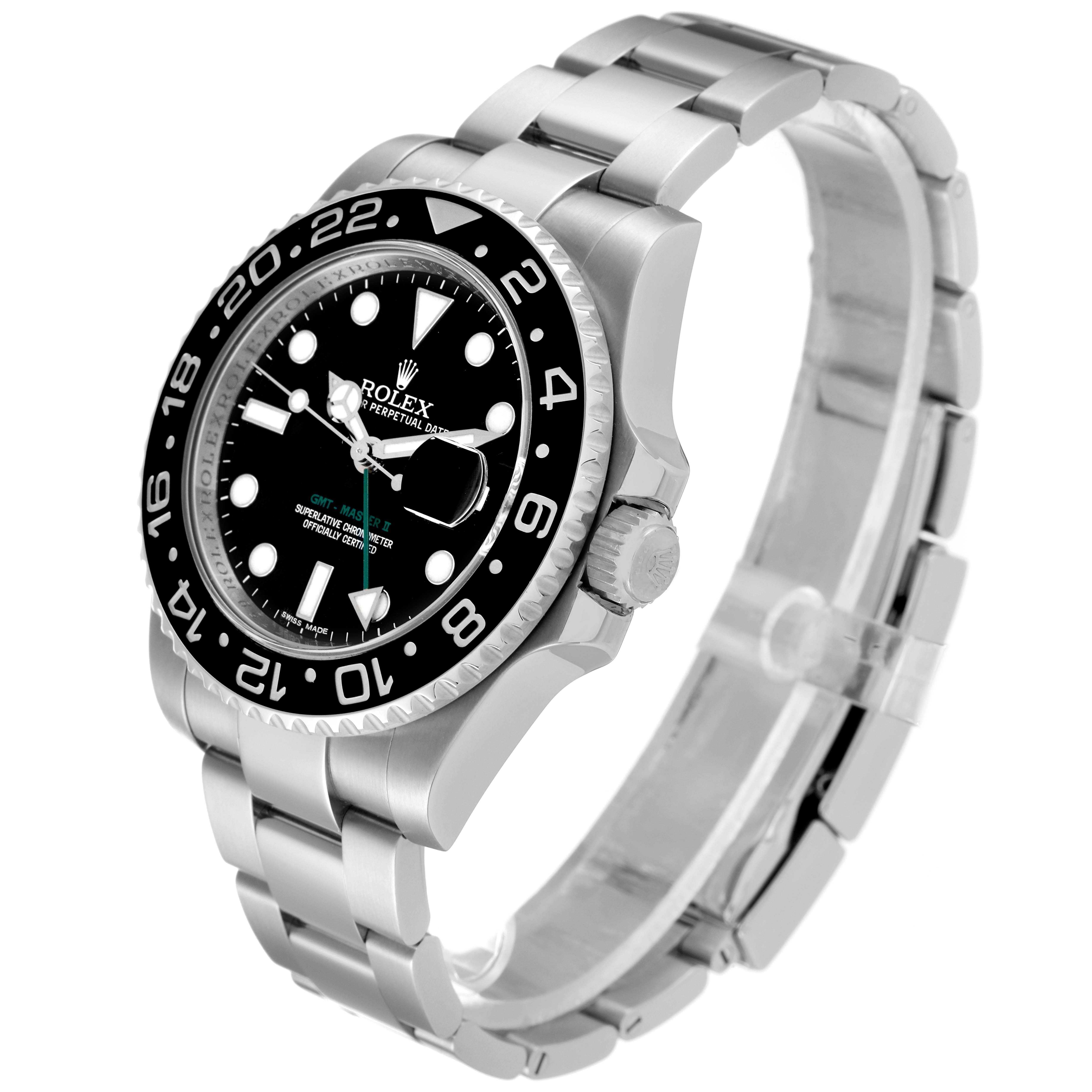 The image shows a side angle of a Rolex GMT-Master 116710 Men
s Stainless Steel Black Dial 116710 Men
s Stainless Steel Black Dial watch, highlighting the face, bezel, crown, and bracelet.