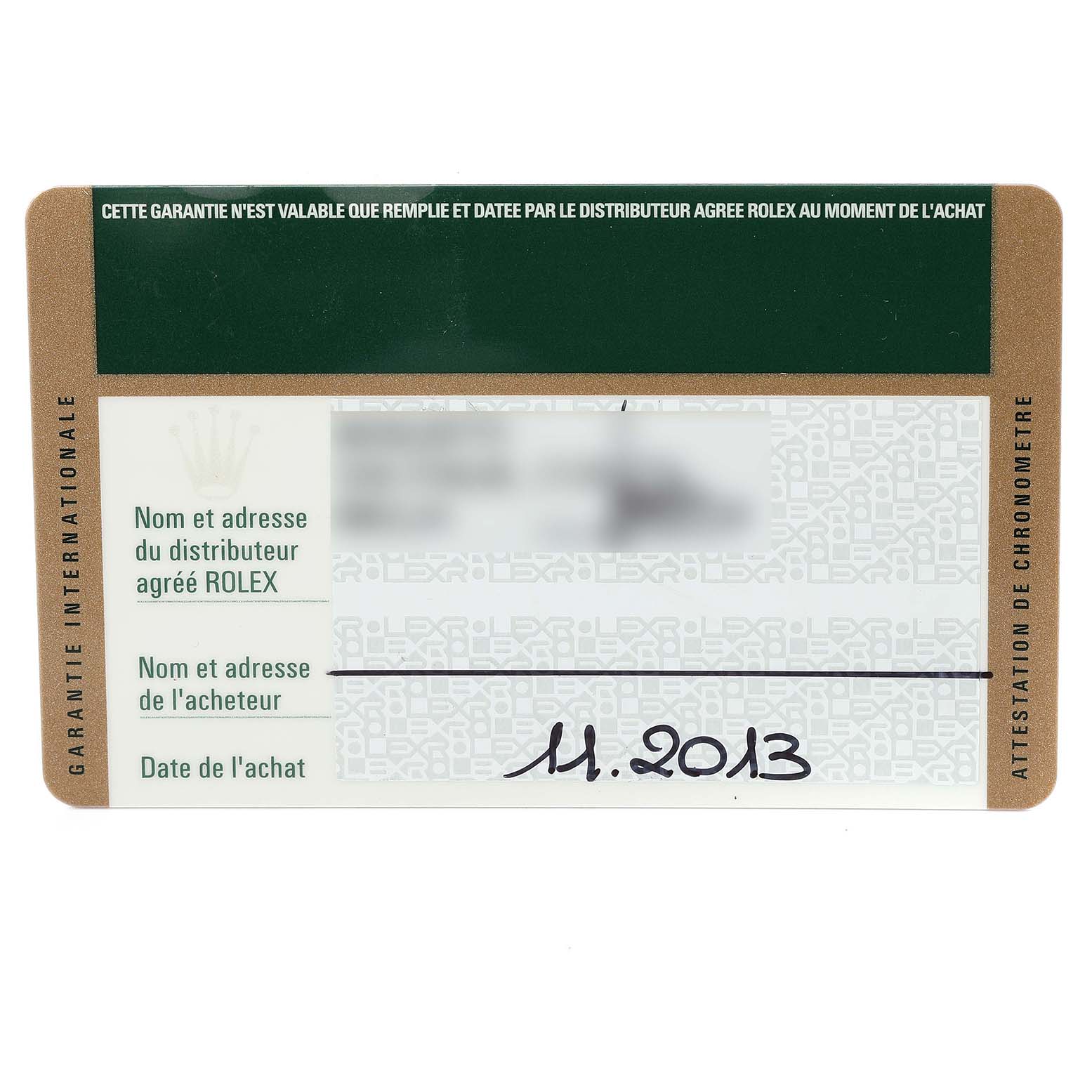 This image shows the warranty card for a Rolex GMT-Master 116710 Men
s Stainless Steel Black Dial 116710 Men
s Stainless Steel Black Dial model watch, displaying purchase details.