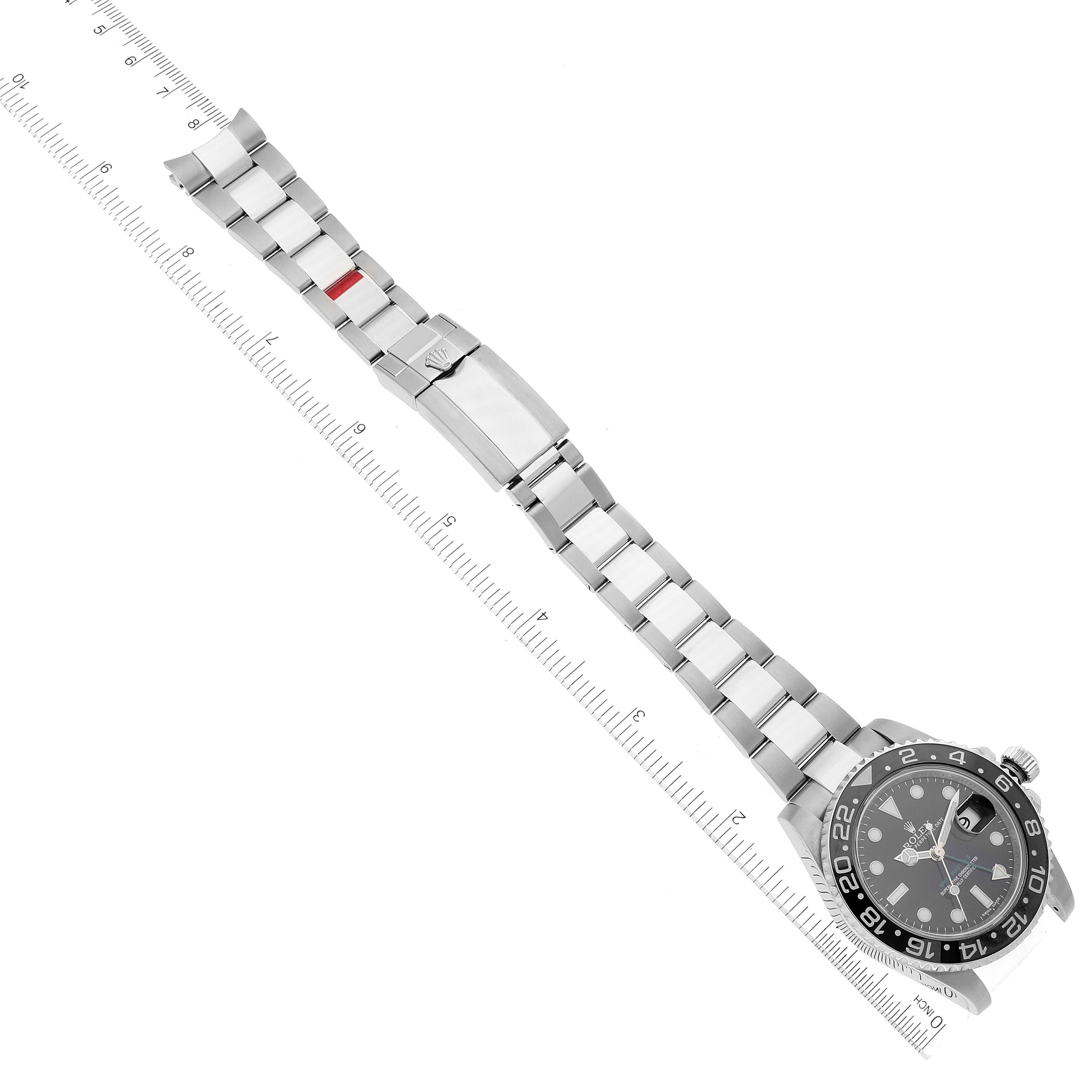 This image shows the full length of a Rolex GMT-Master 116710 Men
s Stainless Steel Black Dial 116710 Men
s Stainless Steel Black Dial watch, including its dial, bezel, bracelet, and clasp, angled diagonally.