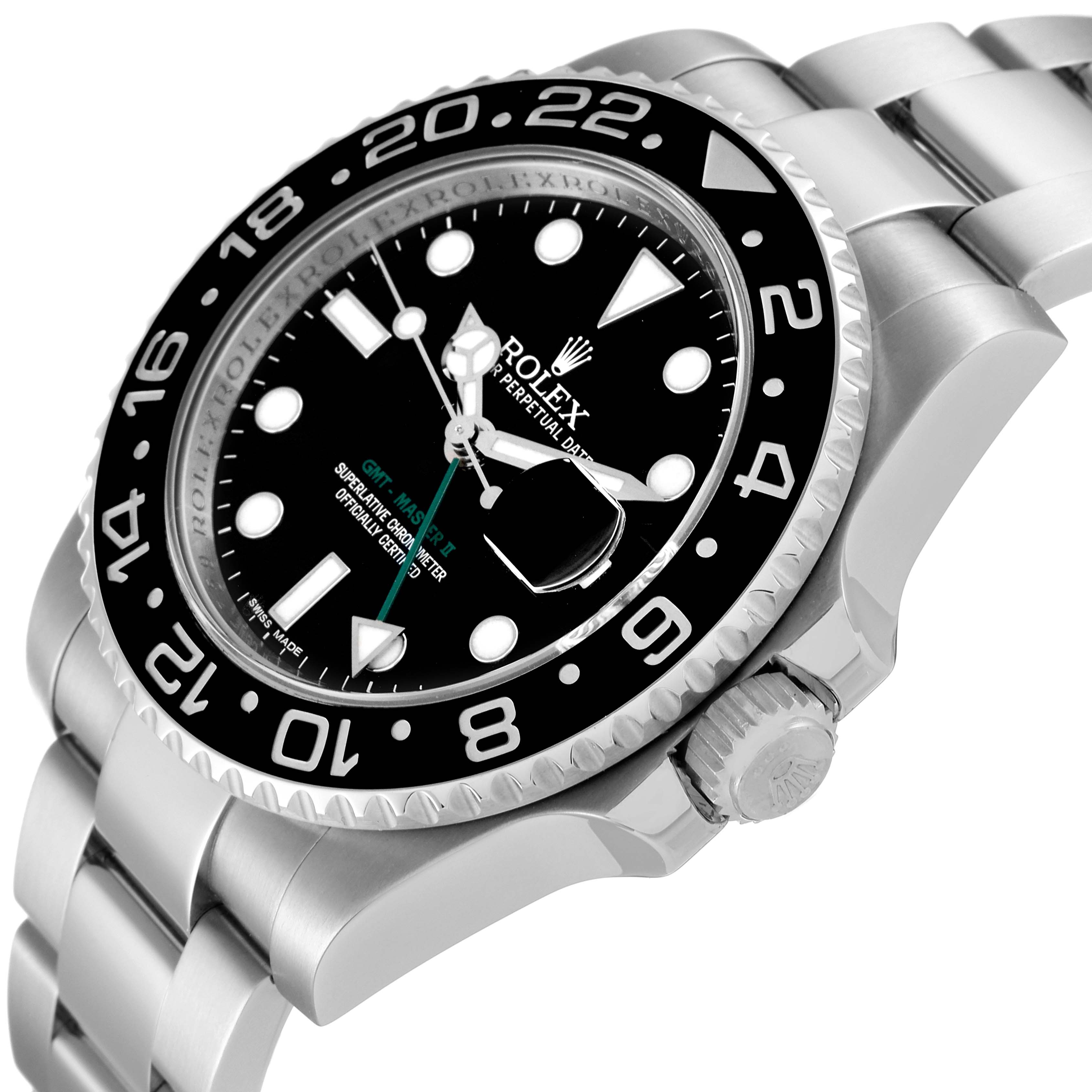 The Rolex GMT-Master 116710 Men
s Stainless Steel Black Dial 116710 Men
s Stainless Steel Black Dial watch is shown from an angled side view, highlighting the dial, bezel, bracelet, and crown.