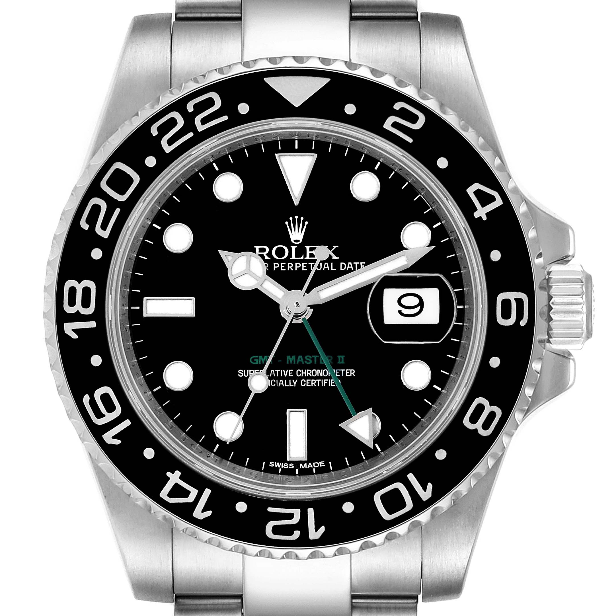 The image shows a front view of the Rolex GMT-Master 116710 Men
s Stainless Steel Black Dial 116710 Men
s Stainless Steel Black Dial II watch, displaying its bezel, dial, and bracelet links.