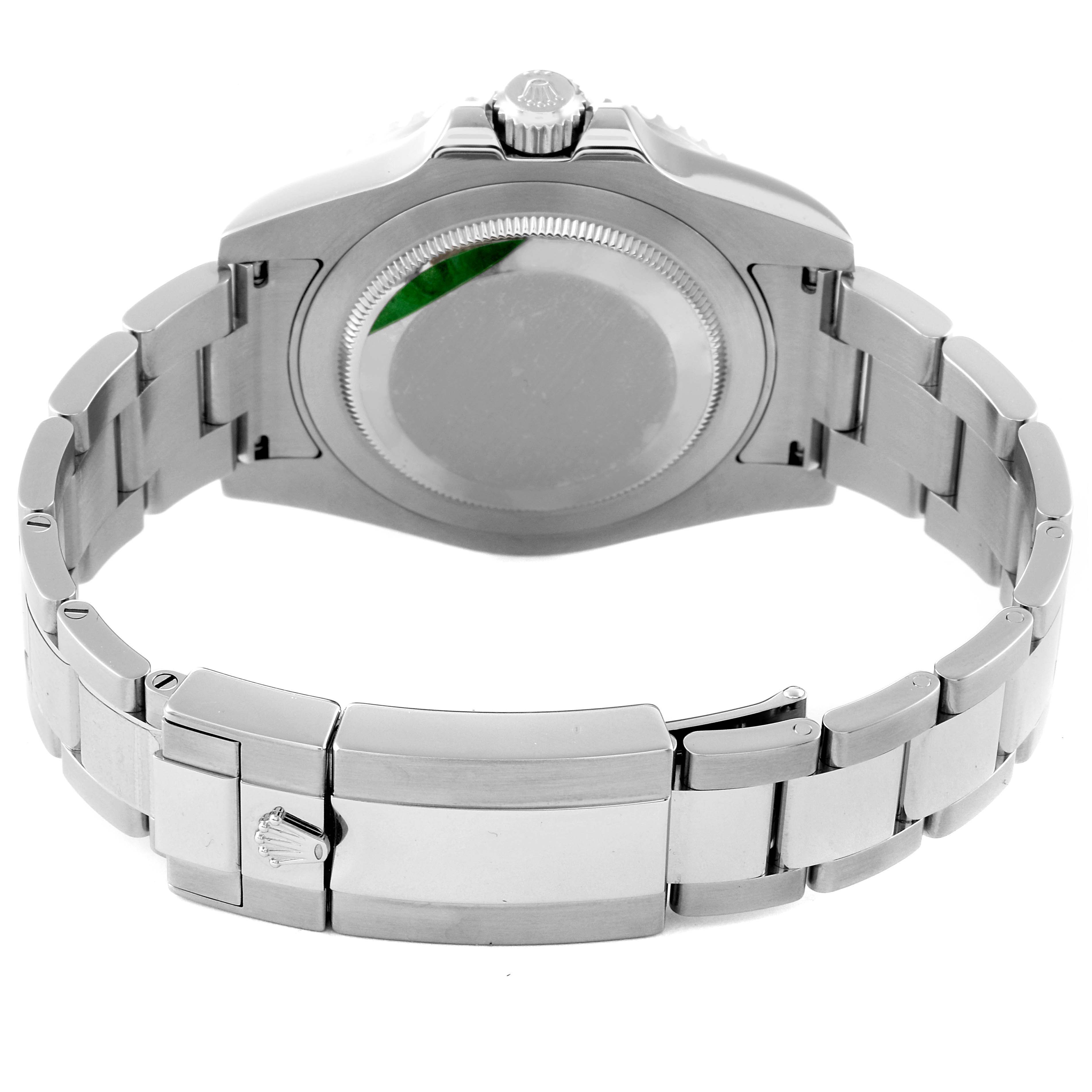 The image shows the backside of a Rolex GMT-Master 116710 Men
s Stainless Steel Black Dial 116710 Men
s Stainless Steel Black Dial watch, highlighting the case back, crown, and Oyster bracelet with clasp.