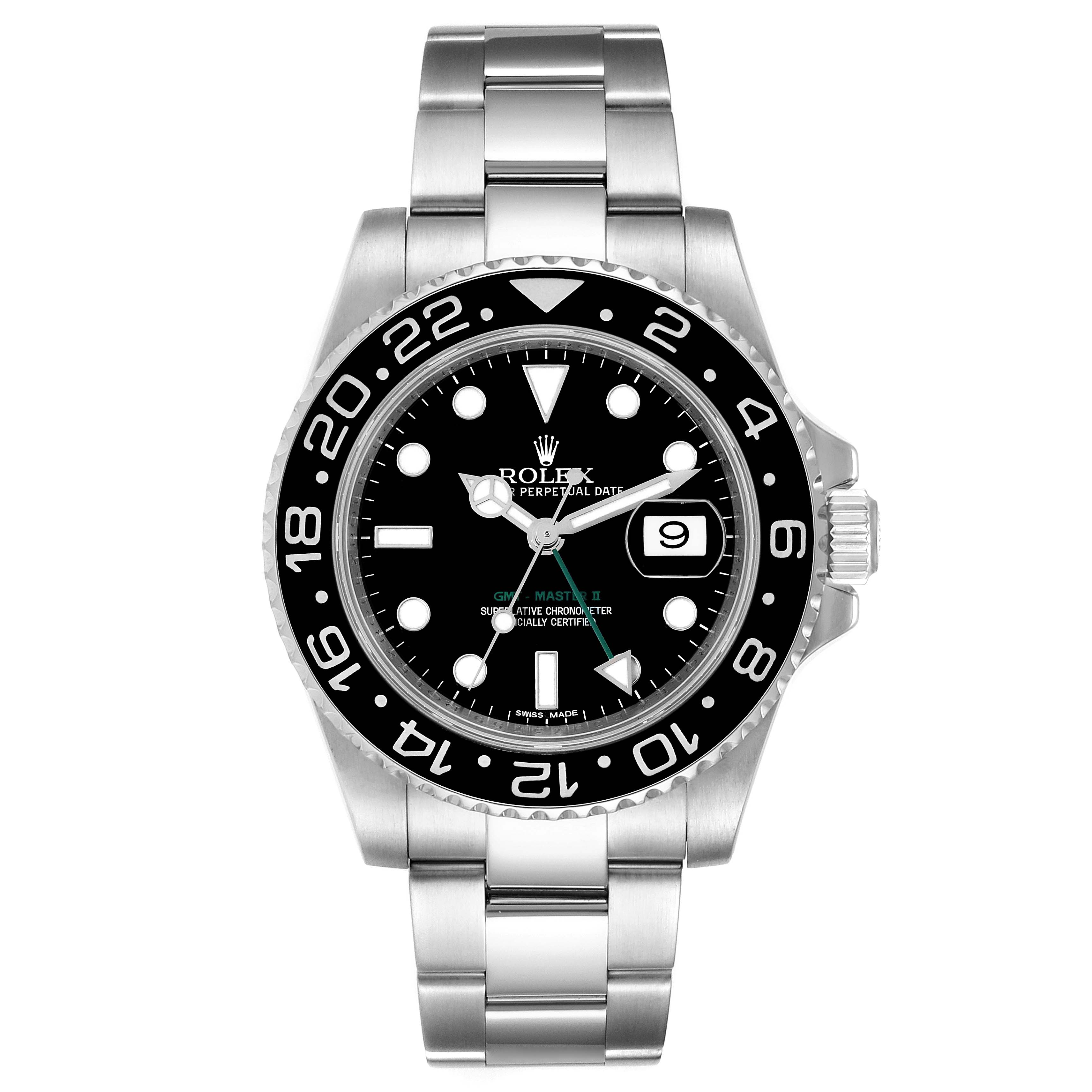 The Rolex GMT-Master 116710 Men
s Stainless Steel Black Dial 116710 Men
s Stainless Steel Black Dial watch is shown from the front, displaying its bezel, dial, hands, date window, and bracelet.