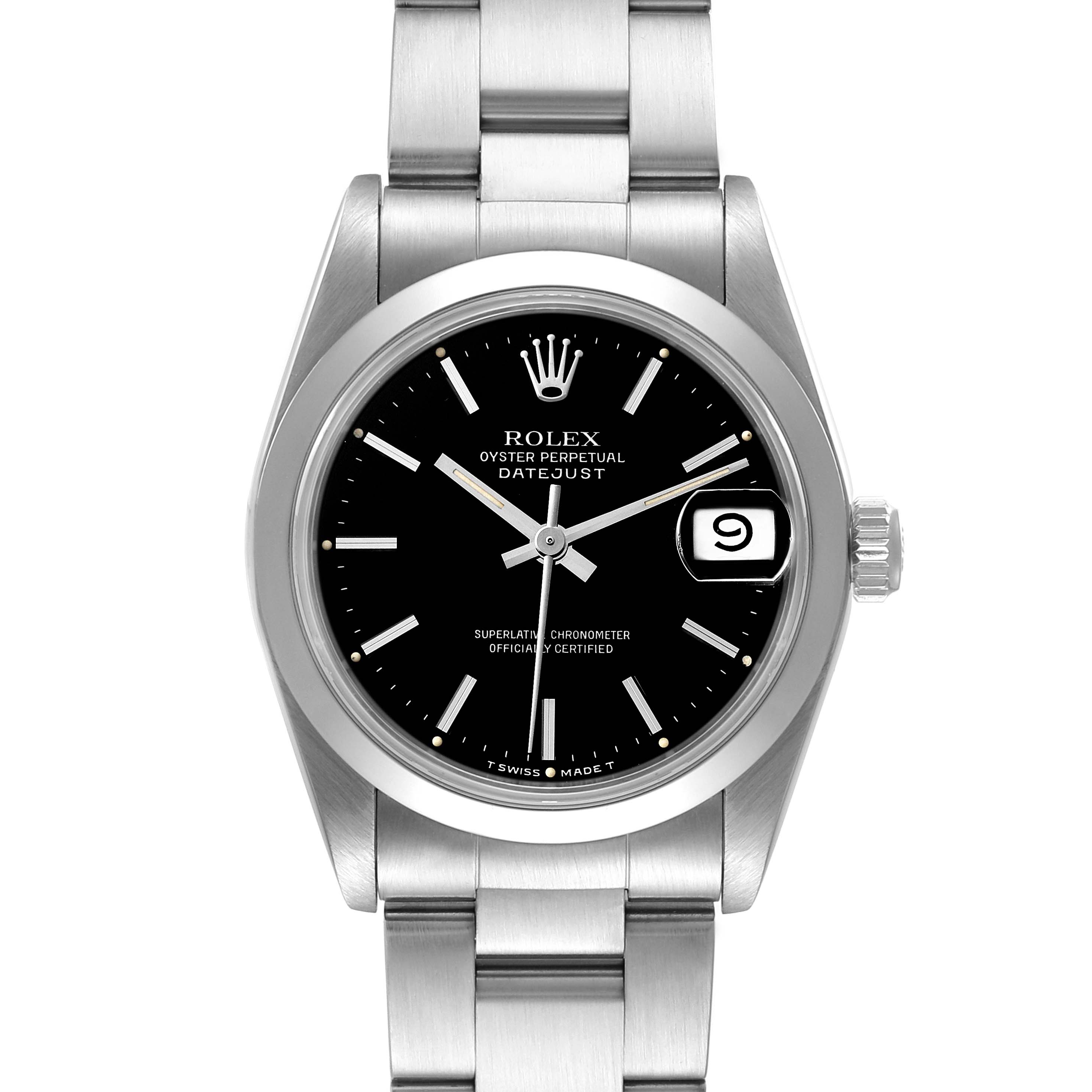 This image shows a front view of the Rolex Mid-Size 68240 Women's Stainless Steel Black Dial 68240 Women's Stainless Steel Black Dial Oyster Perpetual Datejust watch, featuring its black dial and stainless steel bracelet.