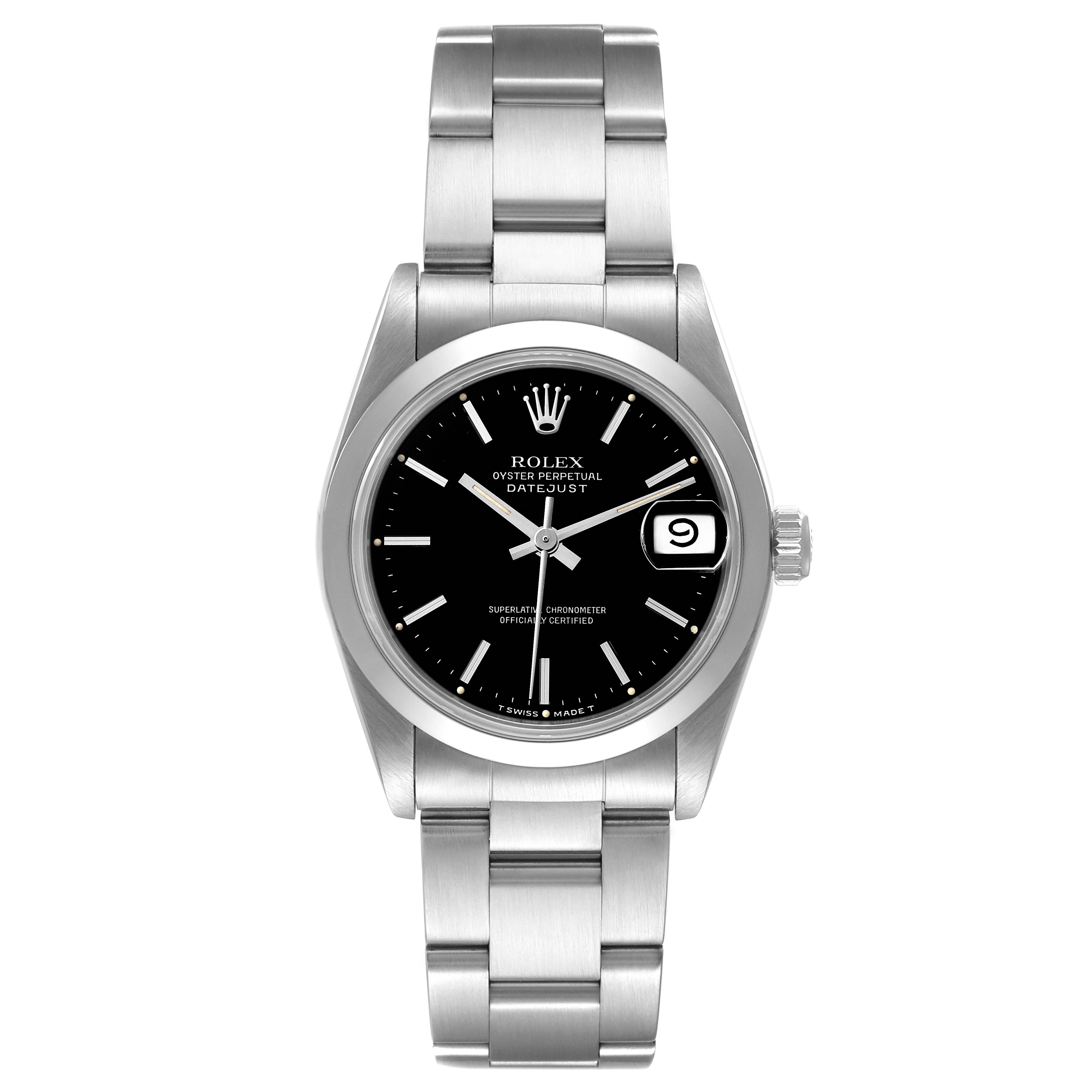 This Rolex Mid-Size 68240 Women's Stainless Steel Black Dial 68240 Women's Stainless Steel Black Dial Datejust watch is shown from a front angle, displaying the bracelet, case, dial, and date window.