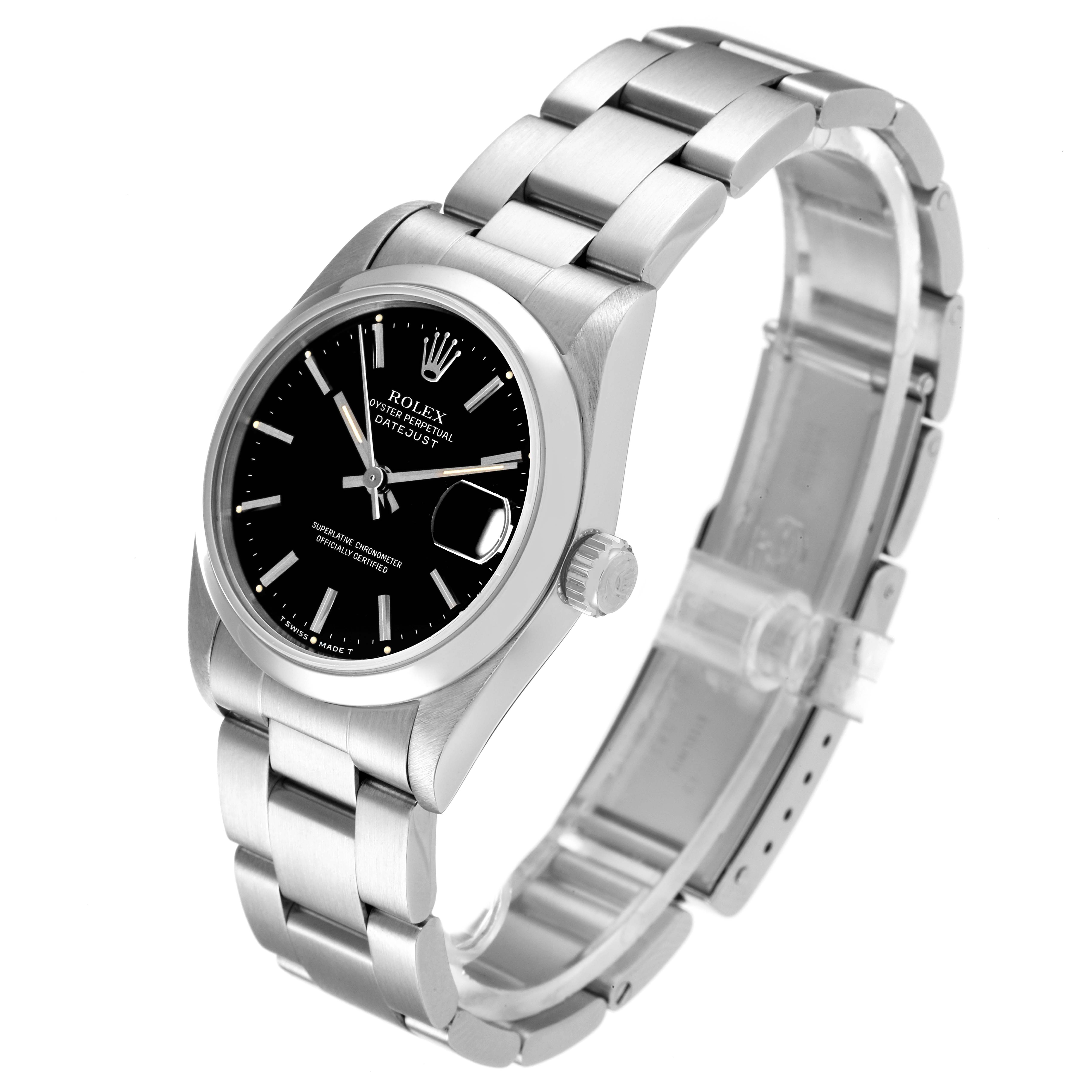 The Rolex Mid-Size 68240 Women's Stainless Steel Black Dial 68240 Women's Stainless Steel Black Dial model watch is shown from an angled top view, highlighting the dial, case, crown, and bracelet.