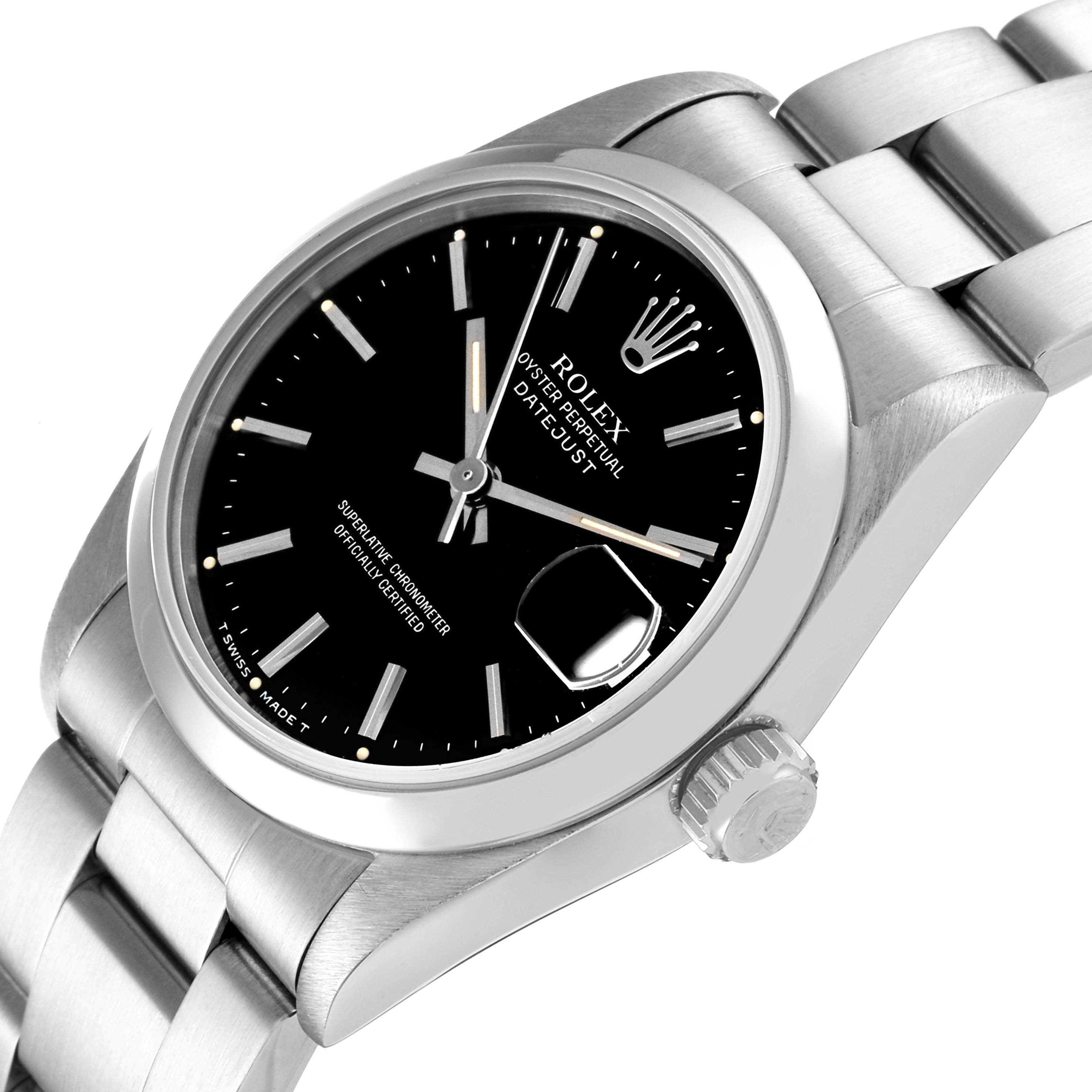 The image shows a close-up, angled view of a Rolex Mid-Size 68240 Women's Stainless Steel Black Dial 68240 Women's Stainless Steel Black Dial watch, highlighting the dial, bezel, crown, and bracelet.