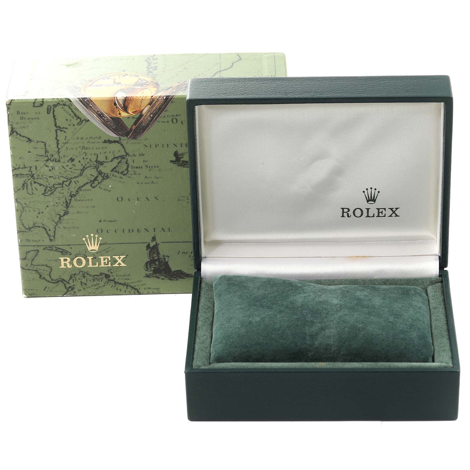 The image shows an open Rolex watch box with a green cushion and a branded outer box from a Mid-Size model.