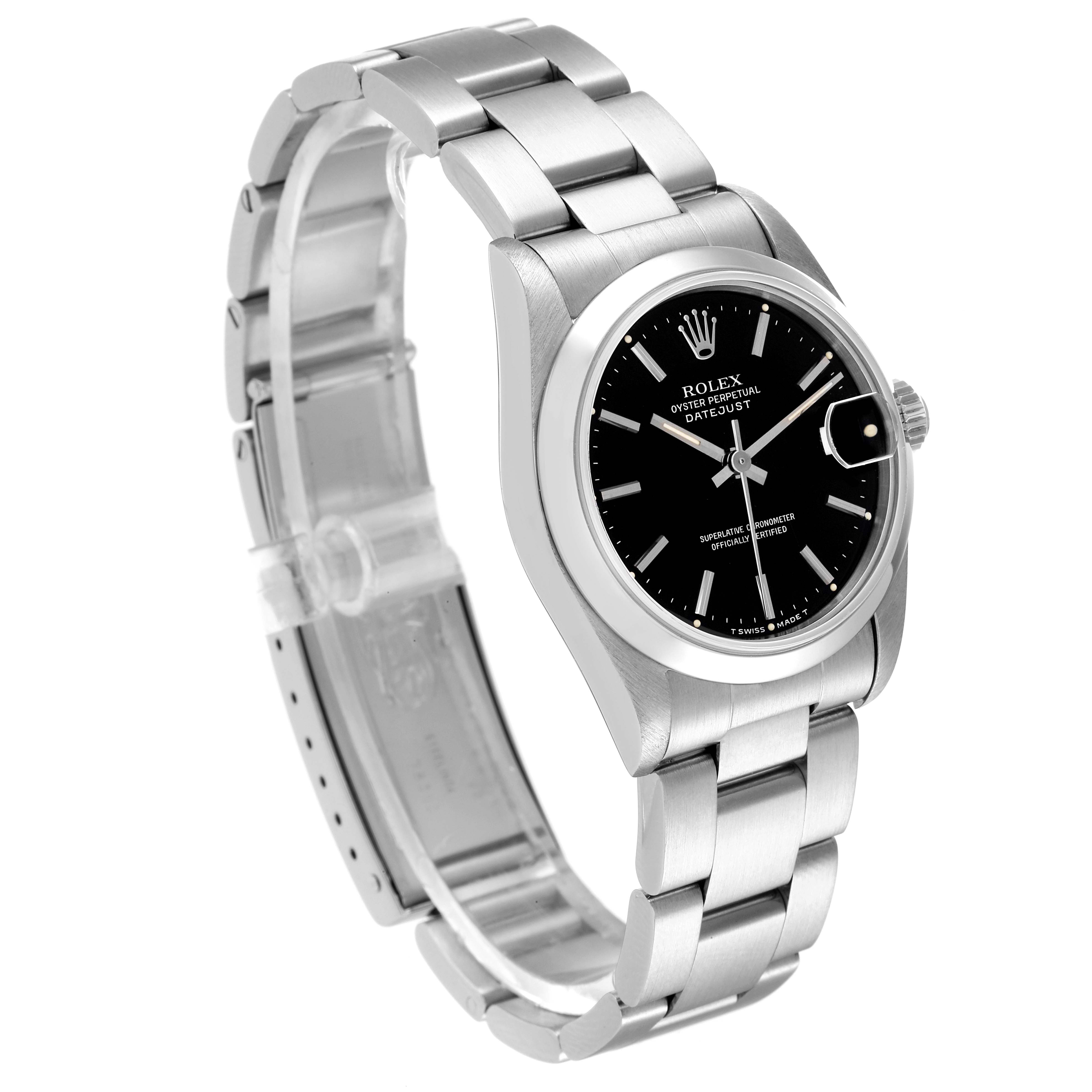 The Rolex Mid-Size 68240 Women's Stainless Steel Black Dial 68240 Women's Stainless Steel Black Dial model watch is shown at a three-quarter angle, highlighting the black dial, stainless steel case, and bracelet.