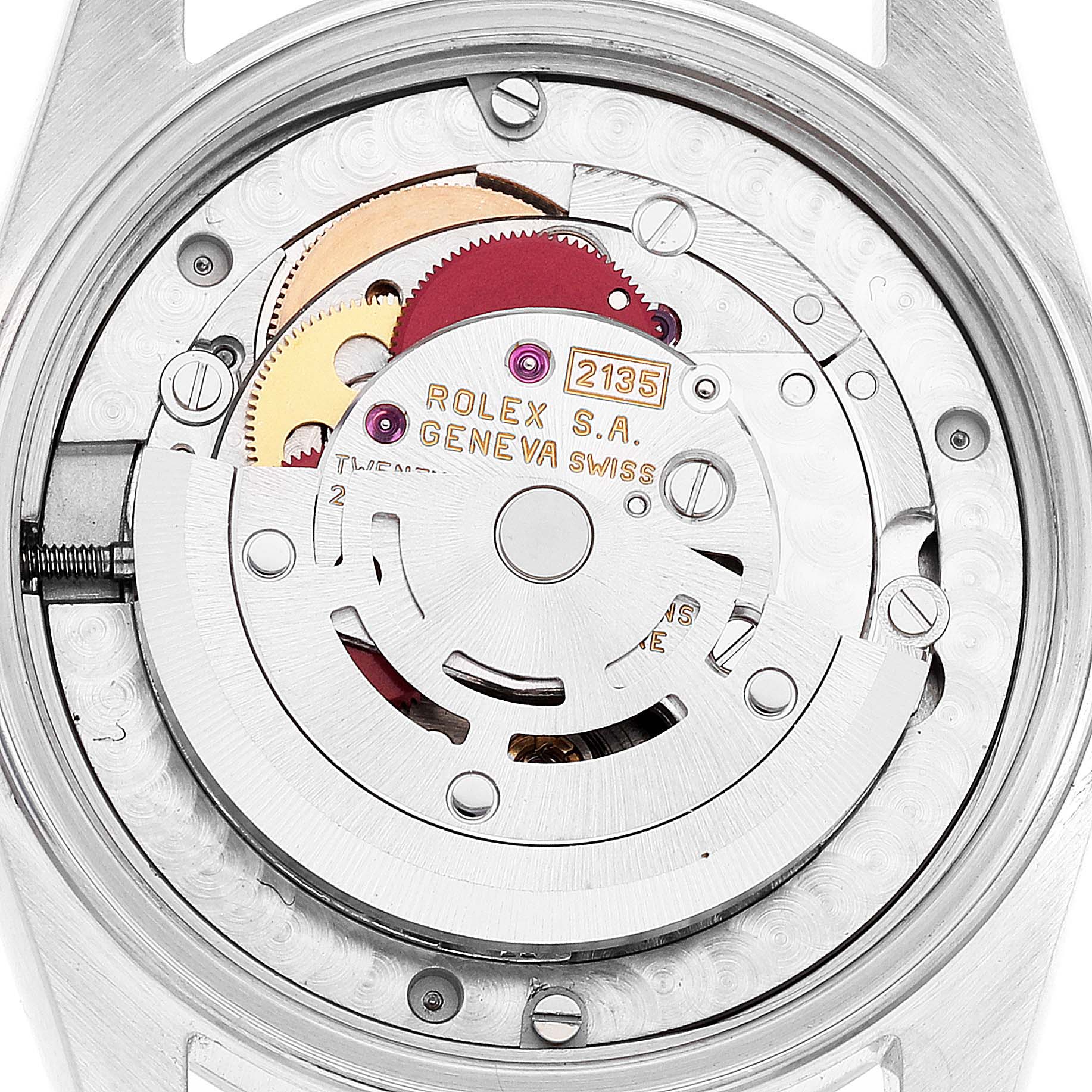 This image shows the internal mechanism of a mid-size Rolex watch, focusing on the movement components.