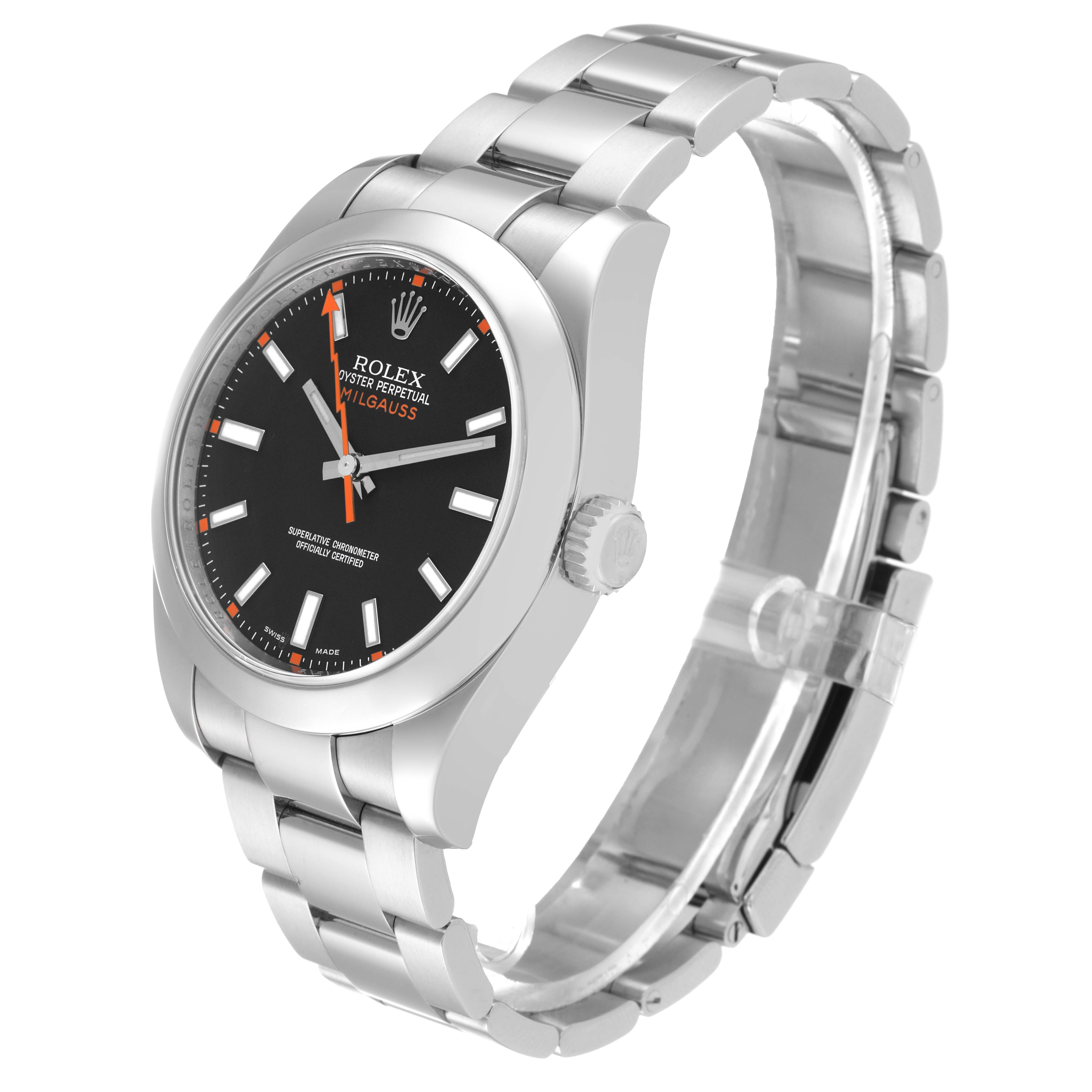 The image shows a Rolex Milgauss 116400 Men's Stainless Steel Black Dial 116400 Men's Stainless Steel Black Dial watch at a three-quarter angle, highlighting its dial, bezel, crown, and bracelet.