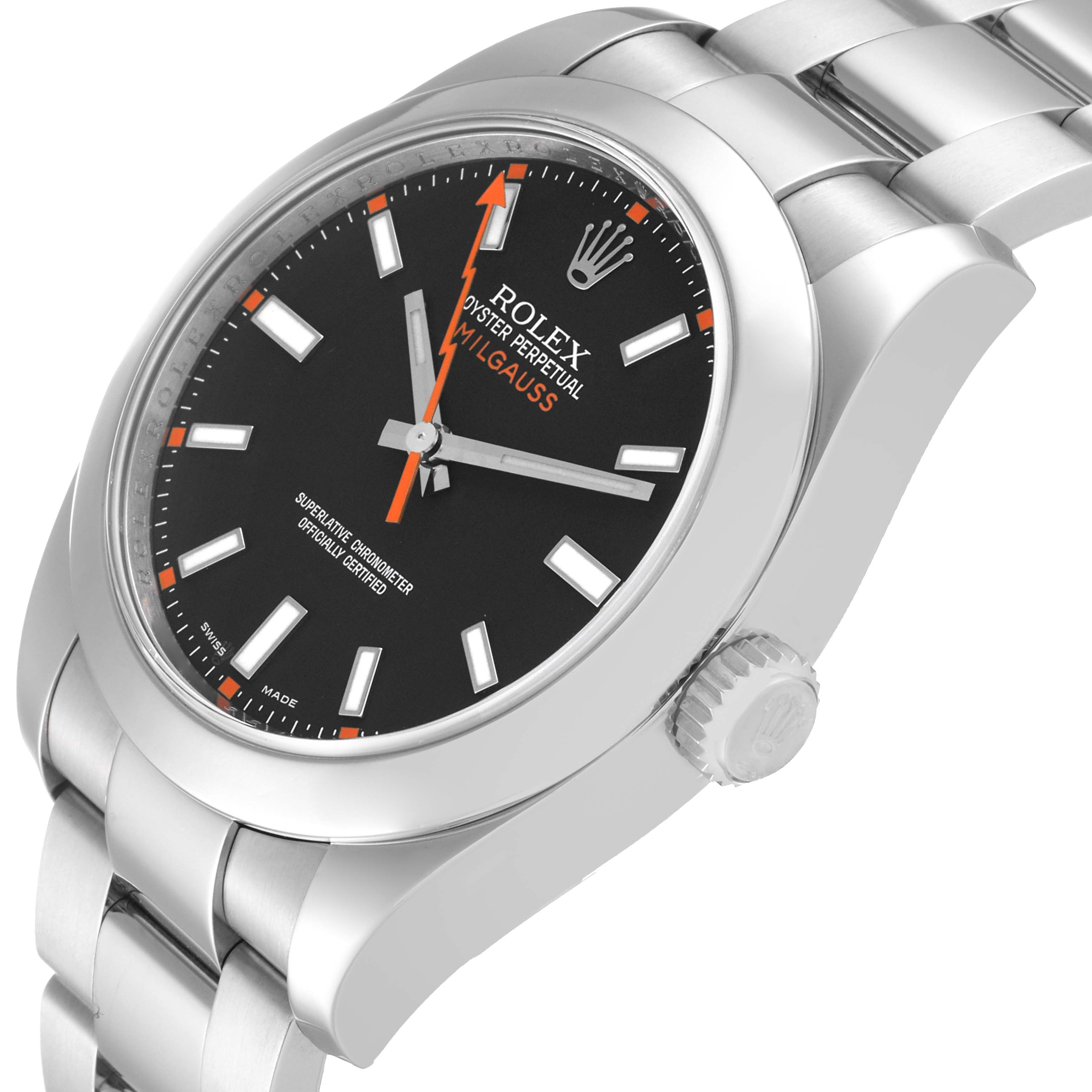 The Rolex Milgauss 116400 Men's Stainless Steel Black Dial 116400 Men's Stainless Steel Black Dial watch is shown at an angled side view, displaying the face, crown, and bracelet.