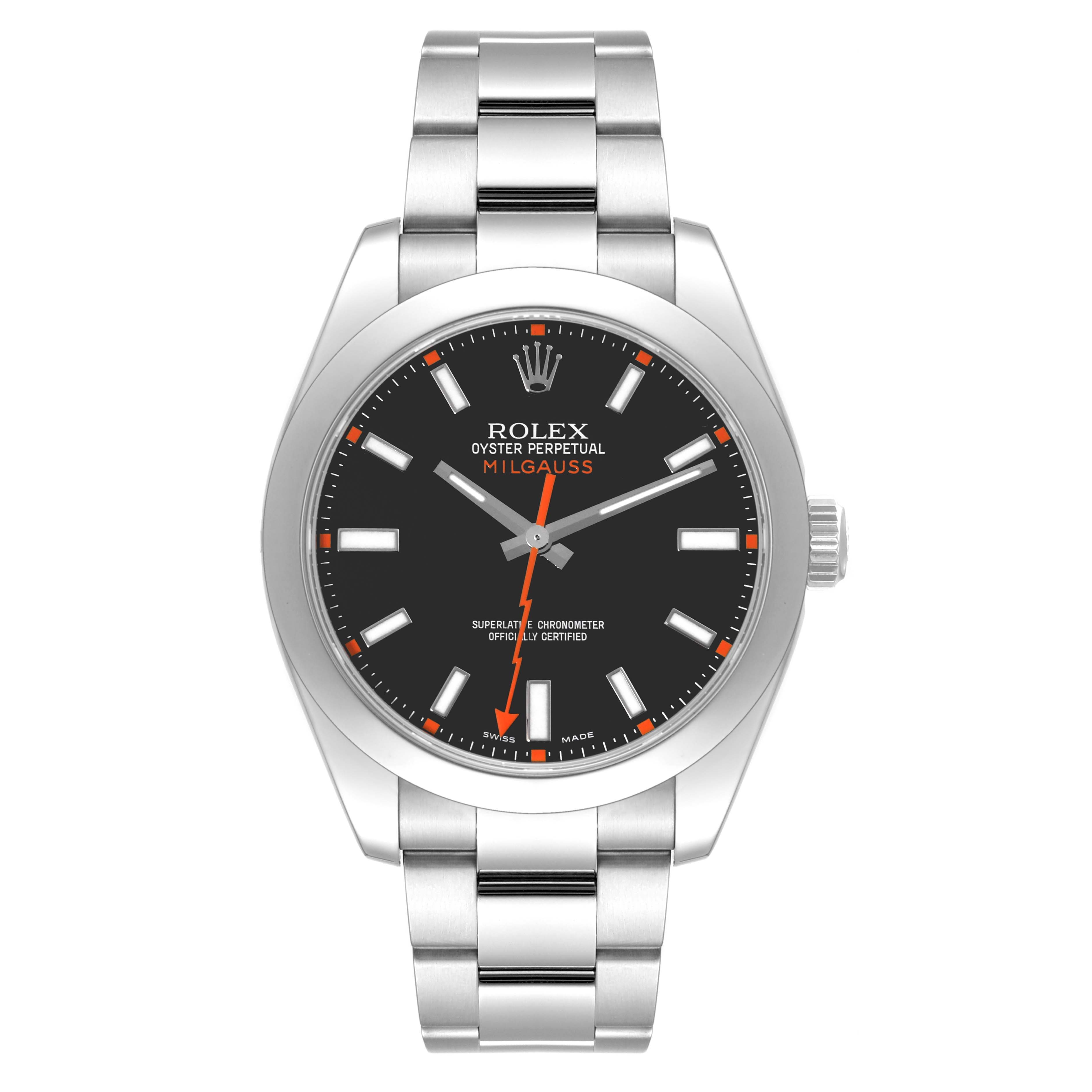 The image shows a front view of the Rolex Milgauss 116400 Men's Stainless Steel Black Dial 116400 Men's Stainless Steel Black Dial watch, displaying its face, bezel, and band.