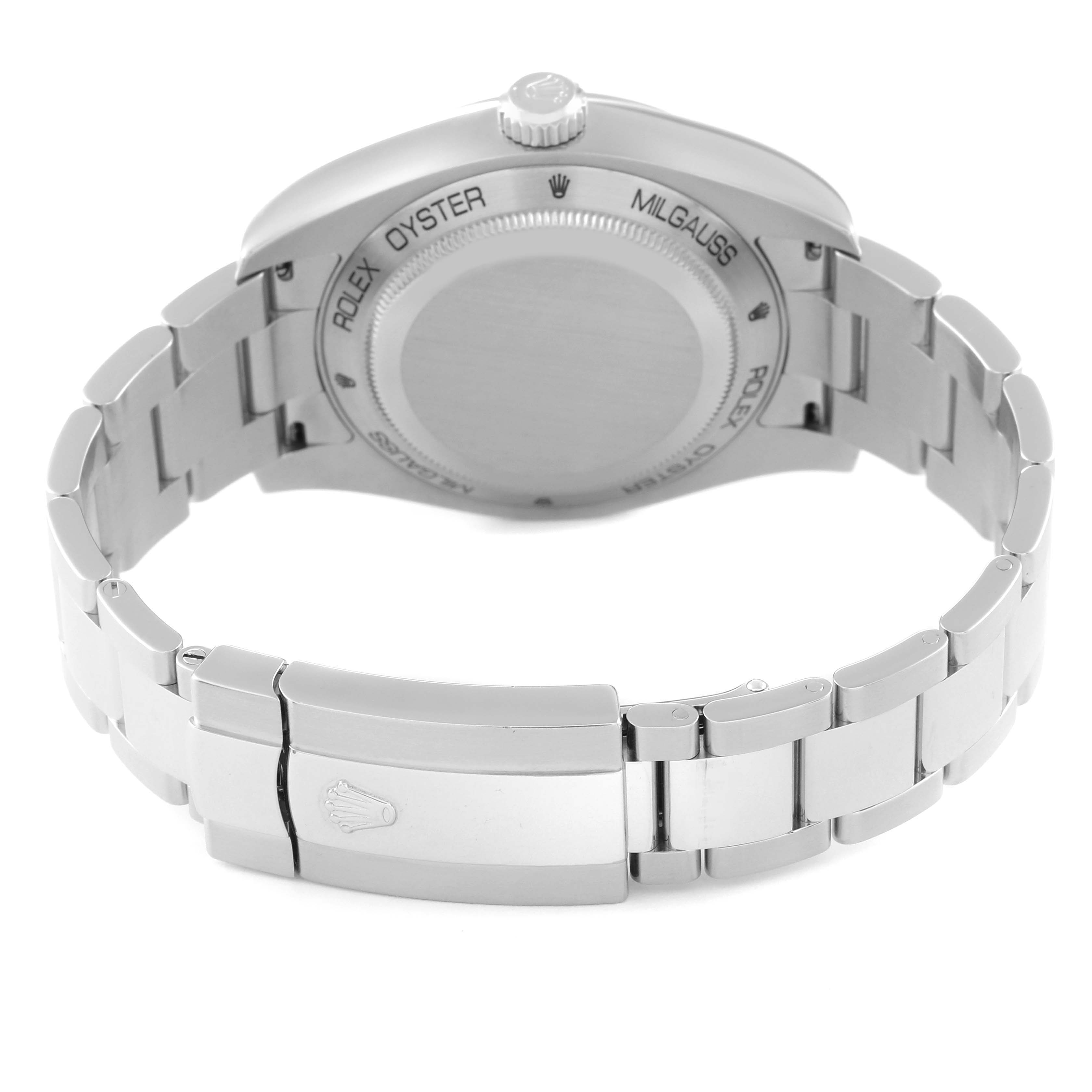 The image shows the back case and stainless steel bracelet of a Rolex Milgauss 116400 Men's Stainless Steel Black Dial 116400 Men's Stainless Steel Black Dial watch from a rear angle.