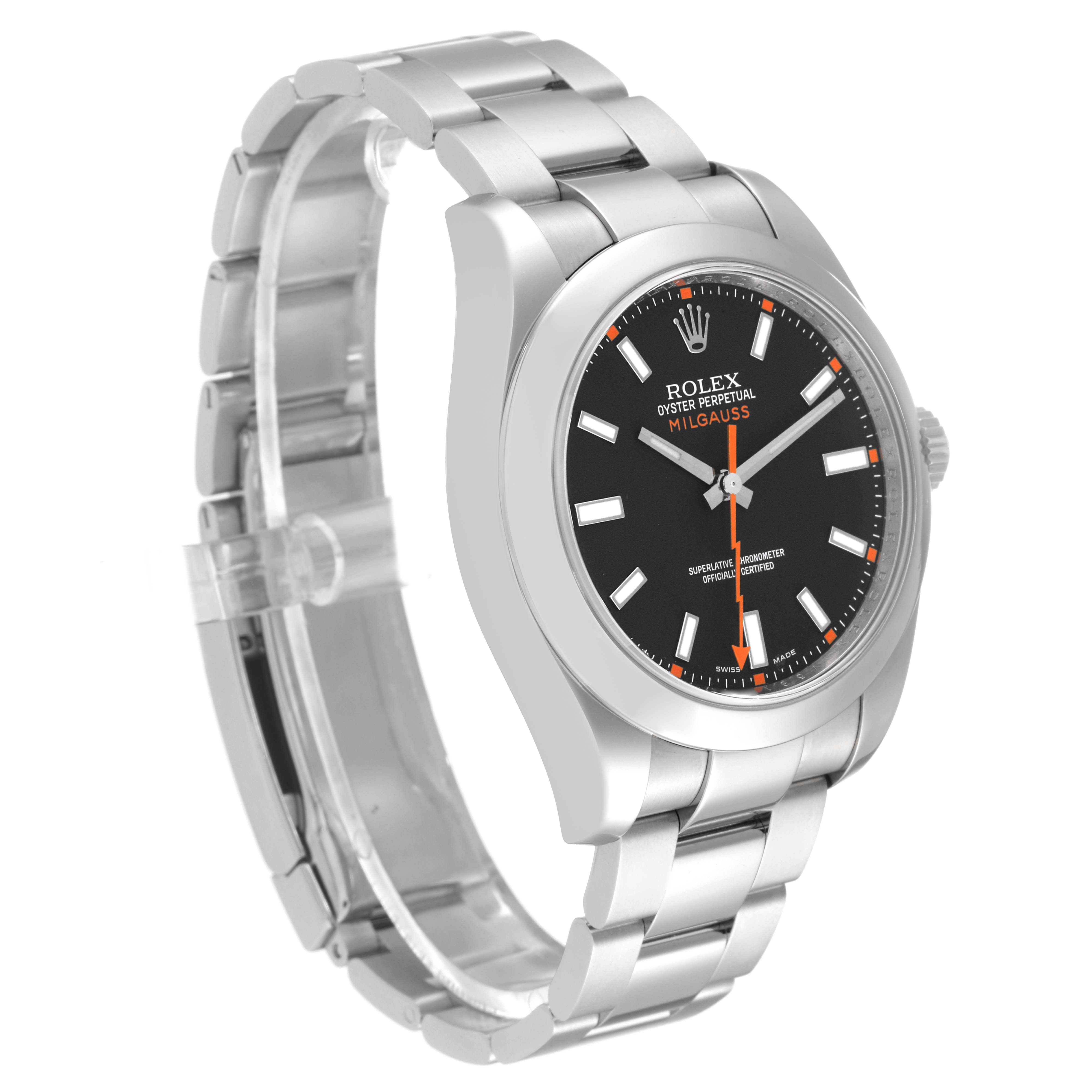 The image shows a Rolex Milgauss 116400 Men's Stainless Steel Black Dial 116400 Men's Stainless Steel Black Dial watch angled slightly from the left, highlighting the face, case, bezel, and bracelet.