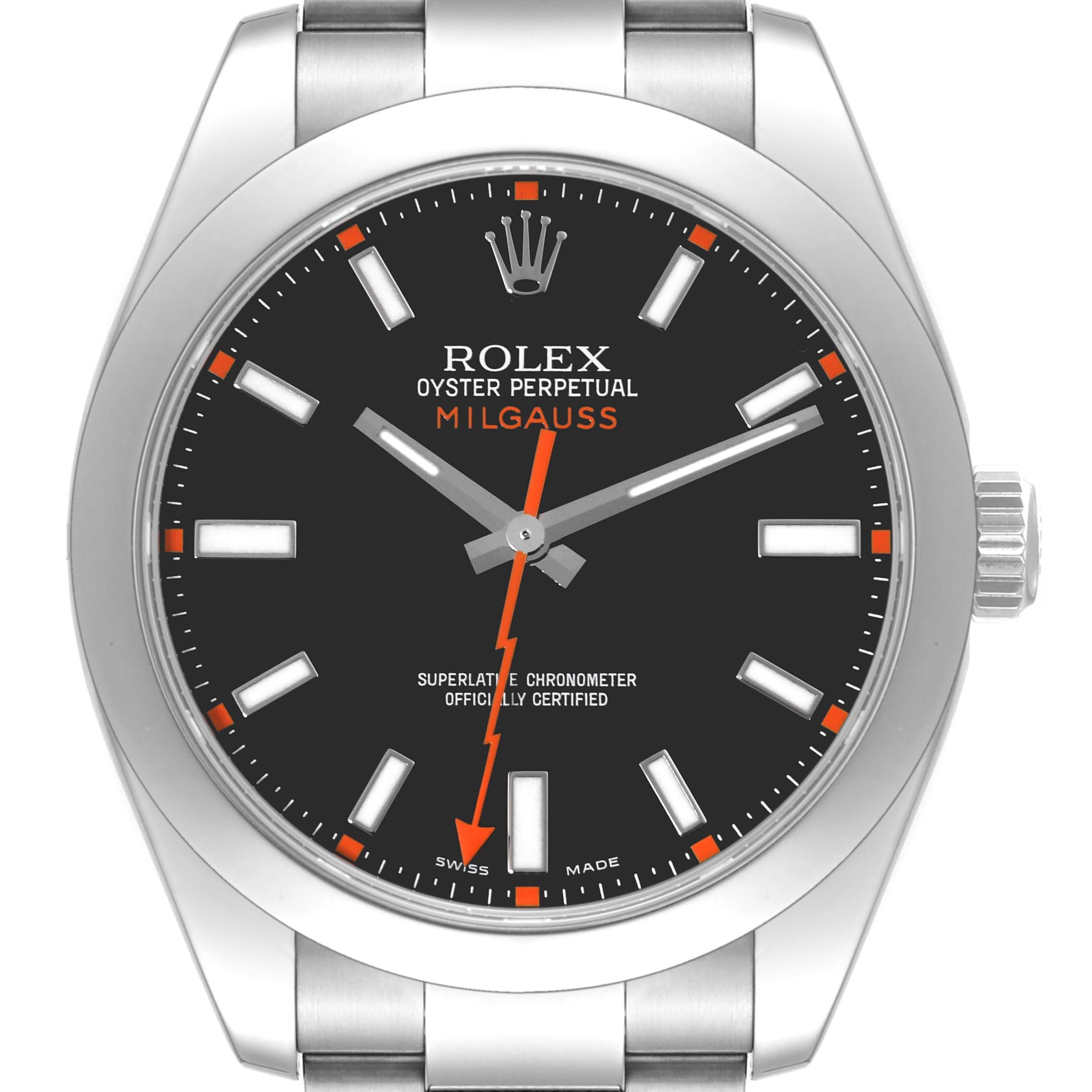 The image shows a front view of the Rolex Milgauss 116400 Men's Stainless Steel Black Dial 116400 Men's Stainless Steel Black Dial watch, highlighting the face, hour markers, hands, and part of the bracelet.