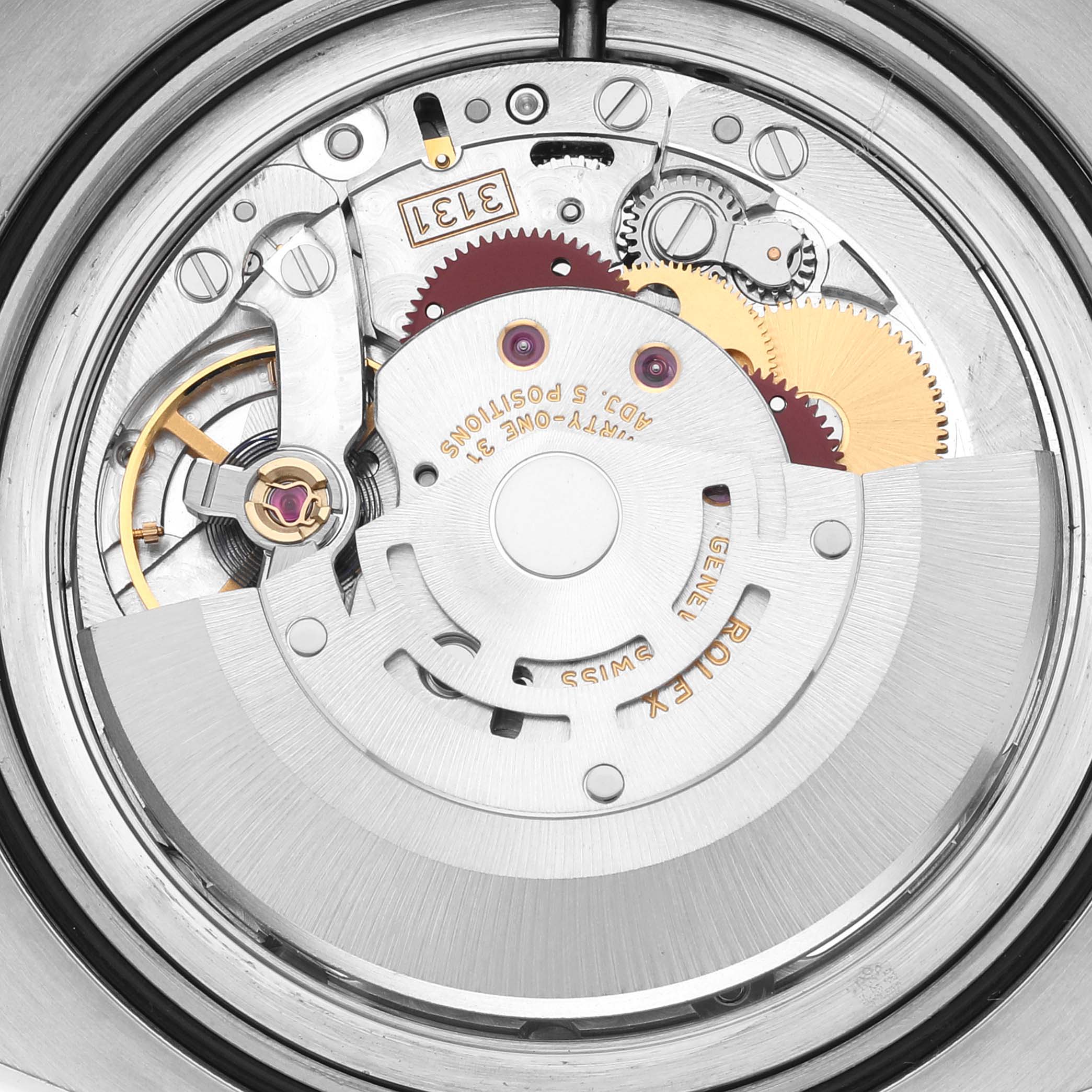 This image shows a close-up view of the movement mechanism inside a Rolex Milgauss 116400 Men's Stainless Steel Black Dial 116400 Men's Stainless Steel Black Dial watch.
