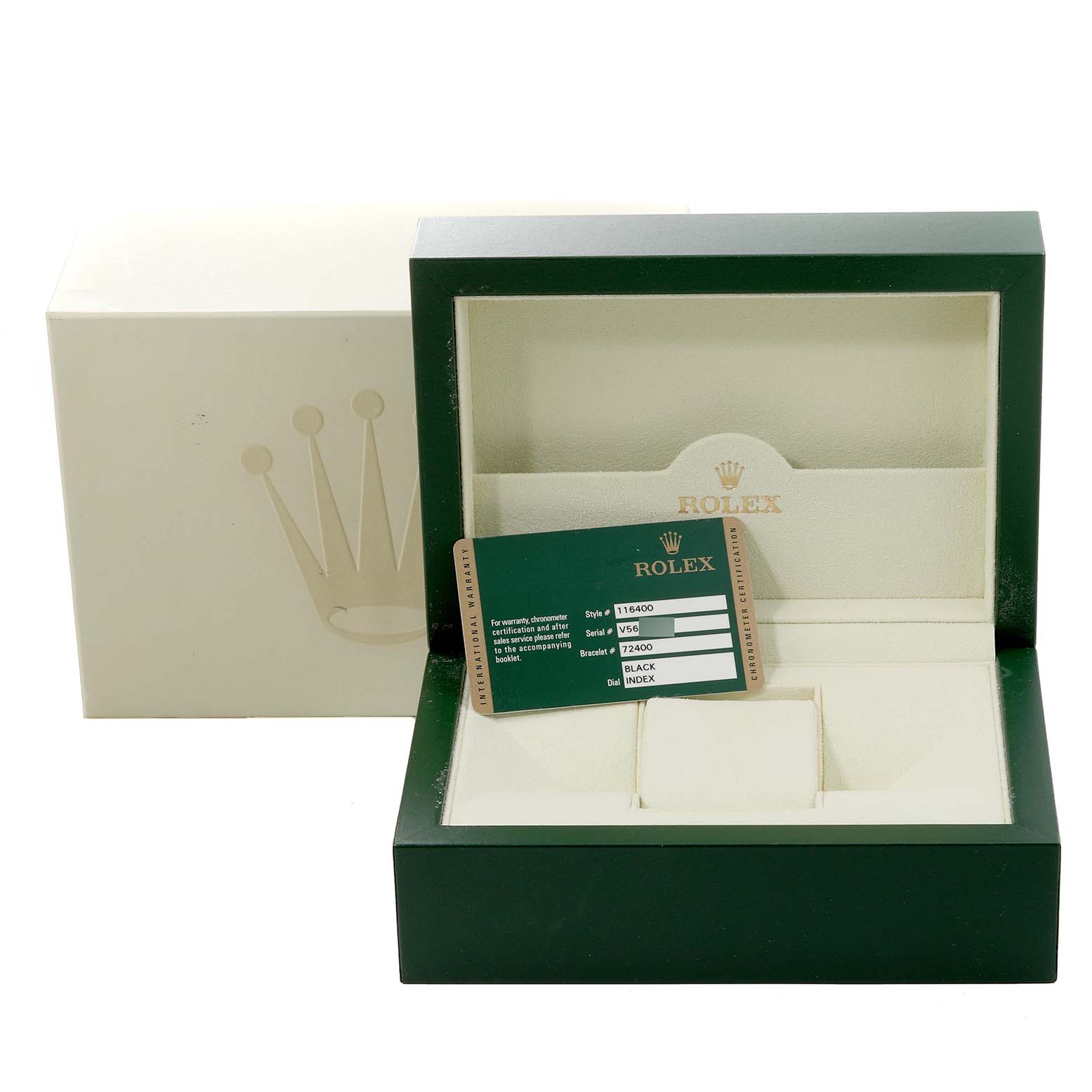 This image shows the open box and certificate card for a Rolex Milgauss 116400 Men's Stainless Steel Black Dial 116400 Men's Stainless Steel Black Dial watch, viewed from the front.