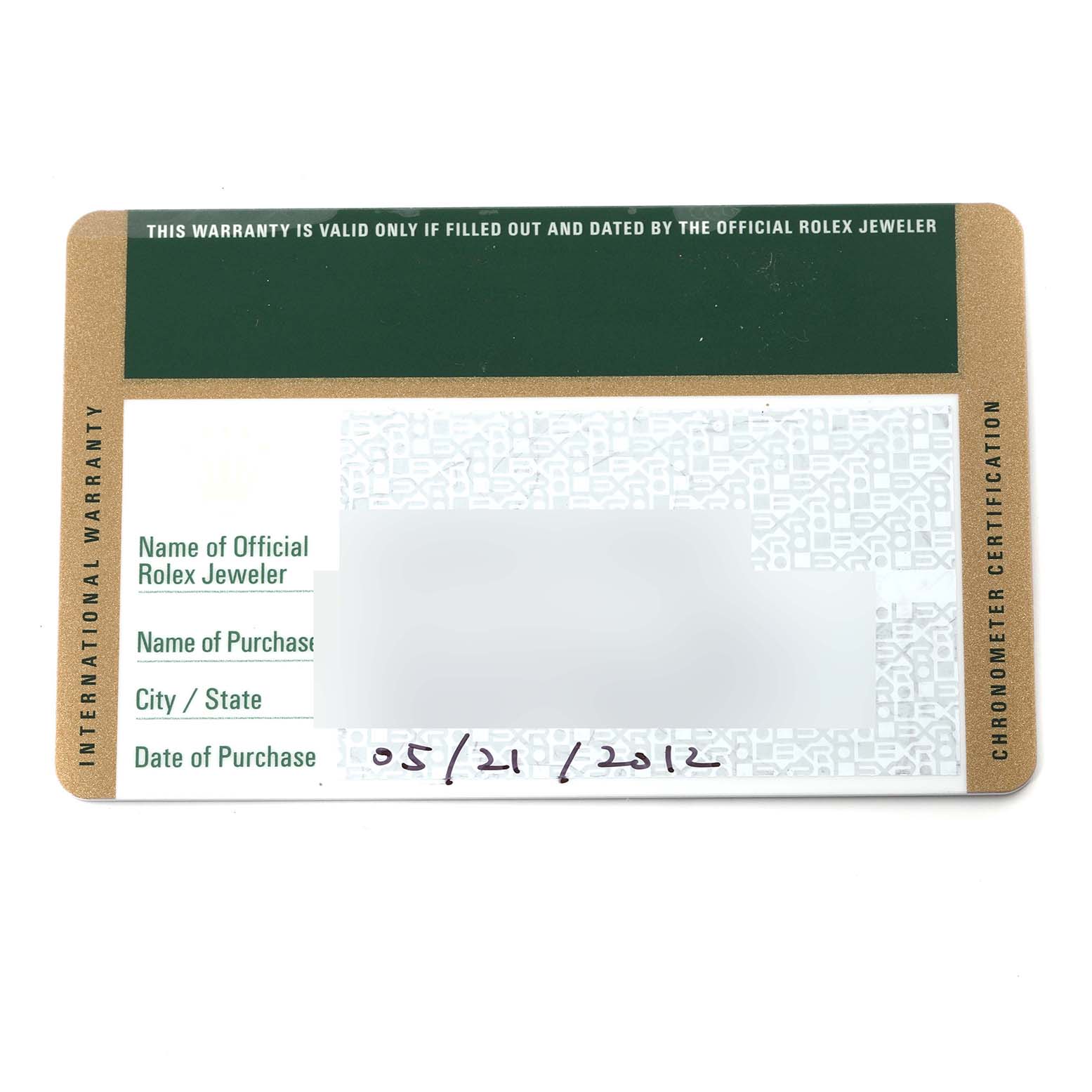 The image shows the warranty card for the Rolex Milgauss 116400 Men's Stainless Steel Black Dial 116400 Men's Stainless Steel Black Dial watch, filled with jeweler and purchase details.