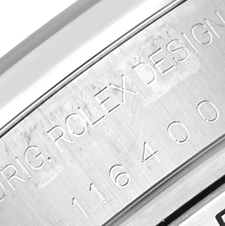 This image shows a close-up of the engraved side case of the Rolex Milgauss 116400 Men's Stainless Steel Black Dial 116400 Men's Stainless Steel Black Dial model.