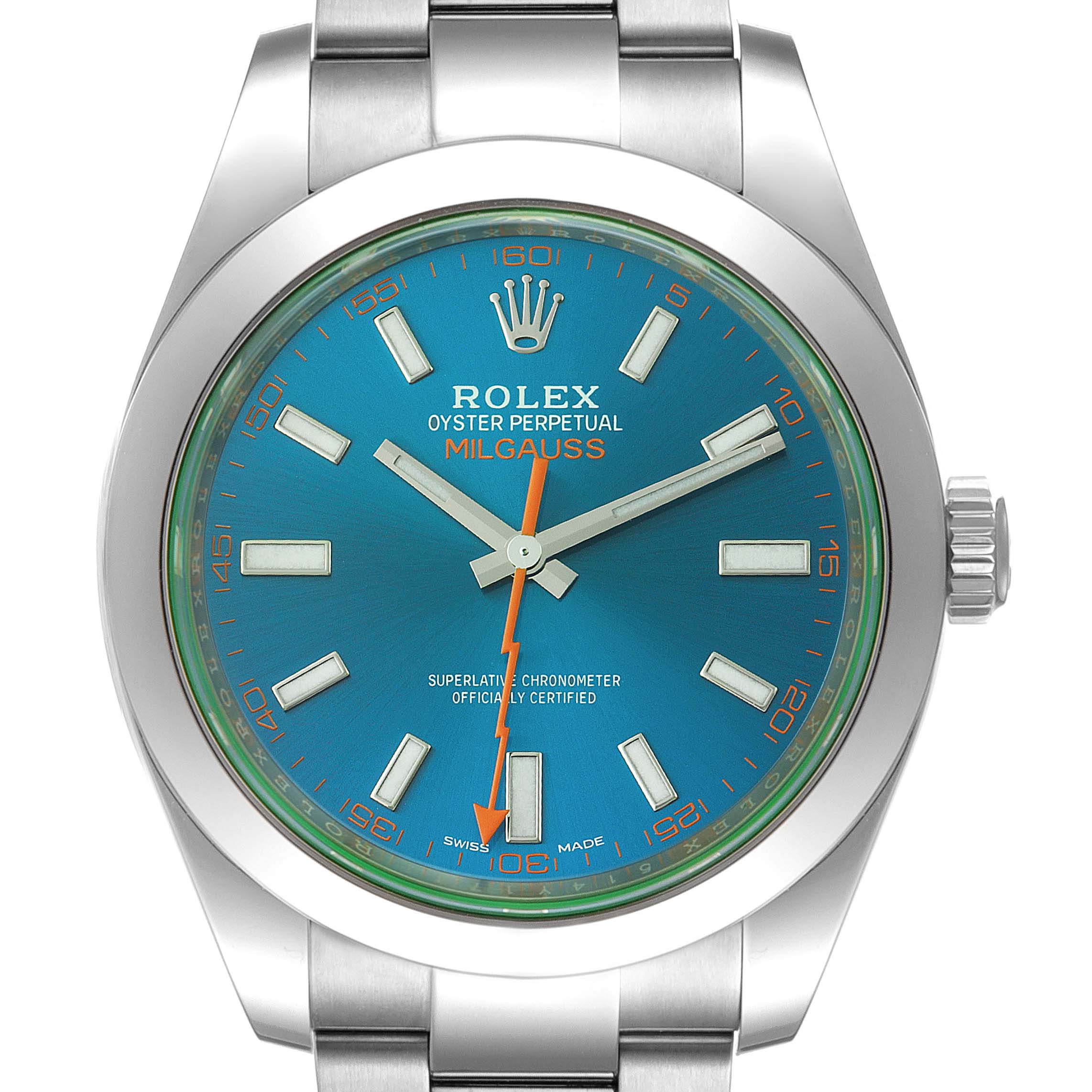 The image shows a front view of a Rolex Milgauss 116400GV Men
s Stainless Steel Blue Dial 116400GV Men
s Stainless Steel Blue Dial watch, highlighting its blue dial, orange lightning bolt second hand, and stainless steel bracelet.
