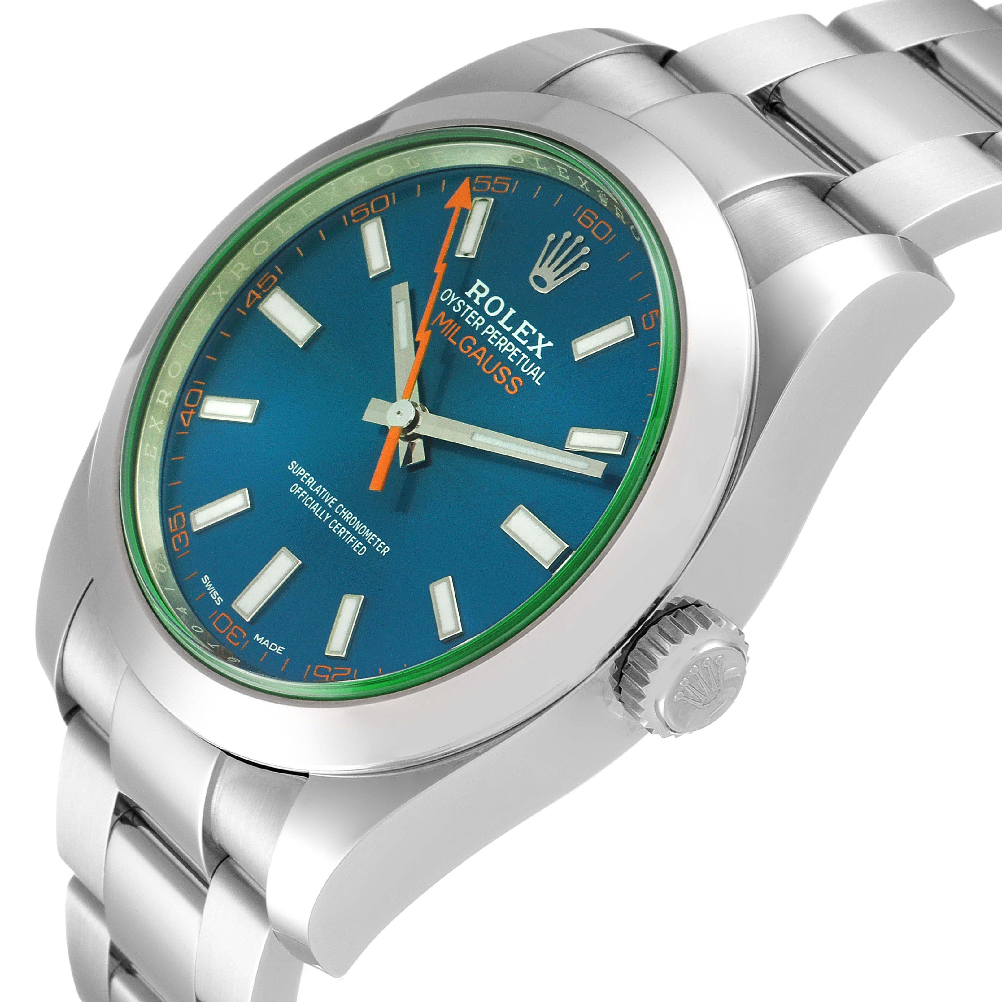 The image shows a Rolex Milgauss 116400GV Men
s Stainless Steel Blue Dial 116400GV Men
s Stainless Steel Blue Dial watch angled to display the dial, crown, and part of the bracelet.
