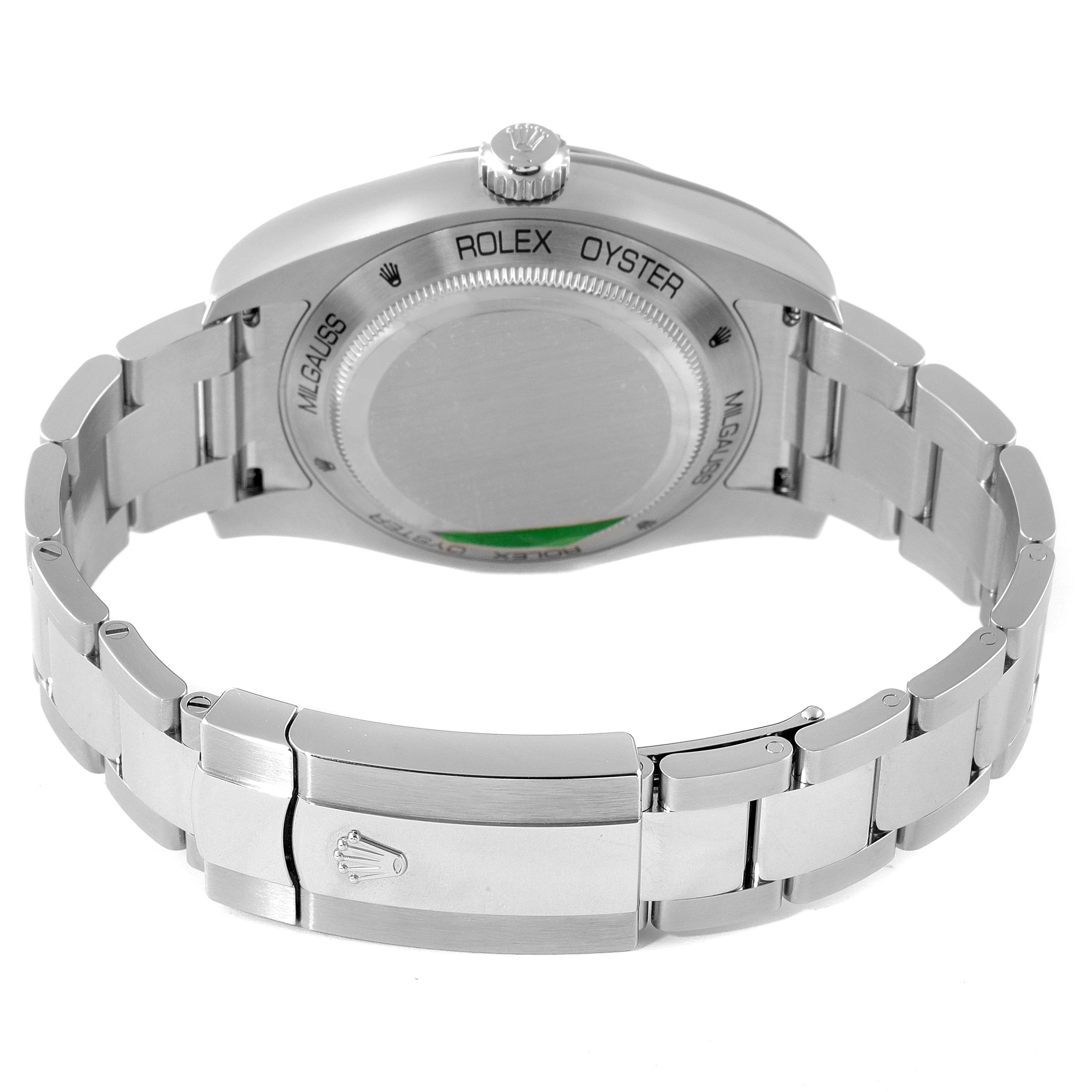 The image shows the back angle of a Rolex Milgauss 116400GV Men
s Stainless Steel Blue Dial 116400GV Men
s Stainless Steel Blue Dial watch, highlighting the case back and metal bracelet.