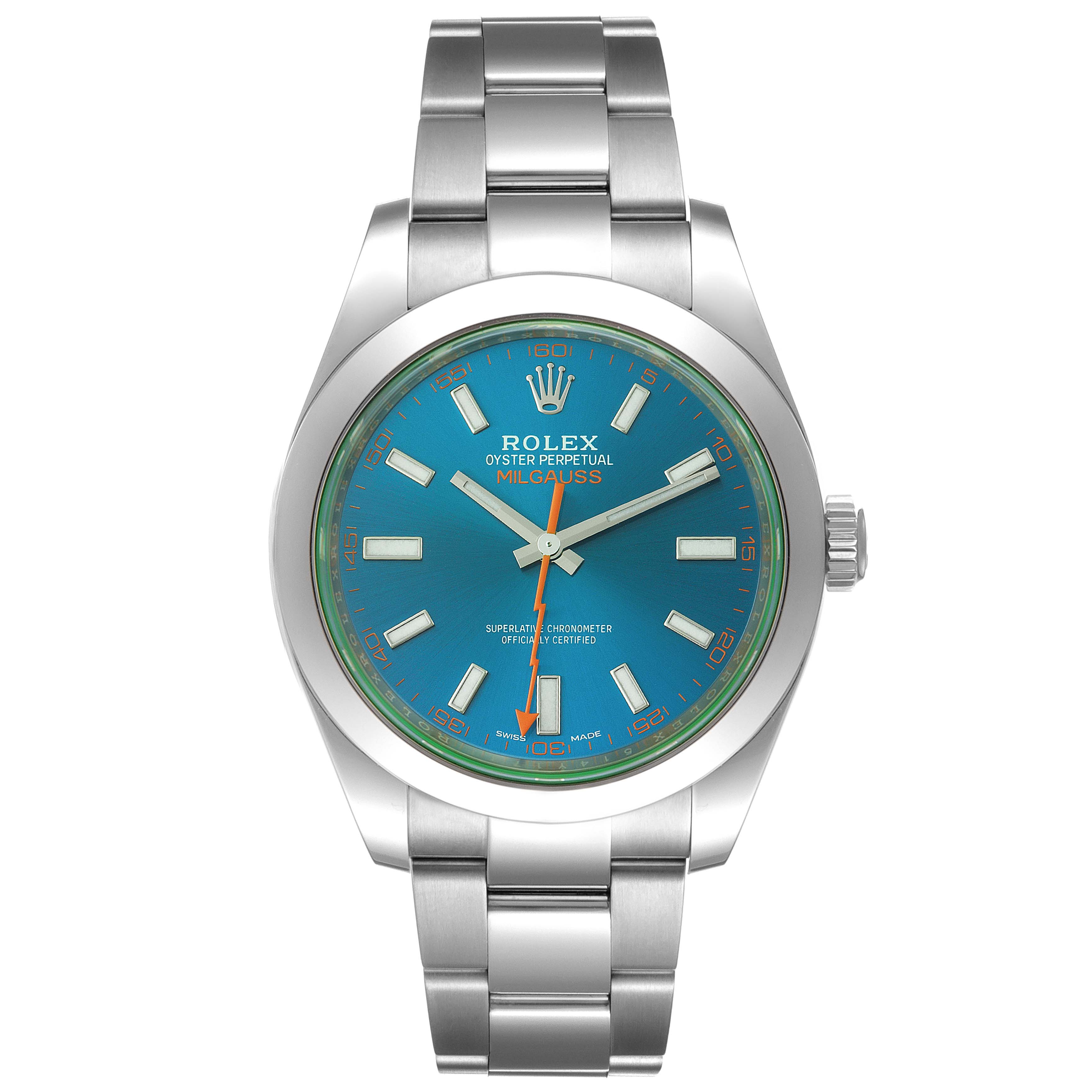 The image shows a front view of the Rolex Milgauss 116400GV Men
s Stainless Steel Blue Dial 116400GV Men
s Stainless Steel Blue Dial watch, displaying its dial, hands, markers, crown, and bracelet.
