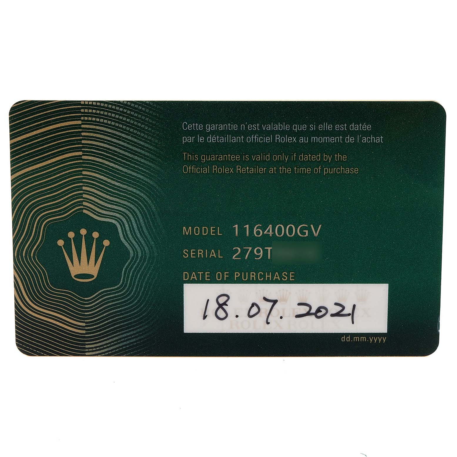 This image shows a guarantee card for the Rolex Milgauss 116400GV Men
s Stainless Steel Blue Dial 116400GV Men
s Stainless Steel Blue Dial model 116400GV.