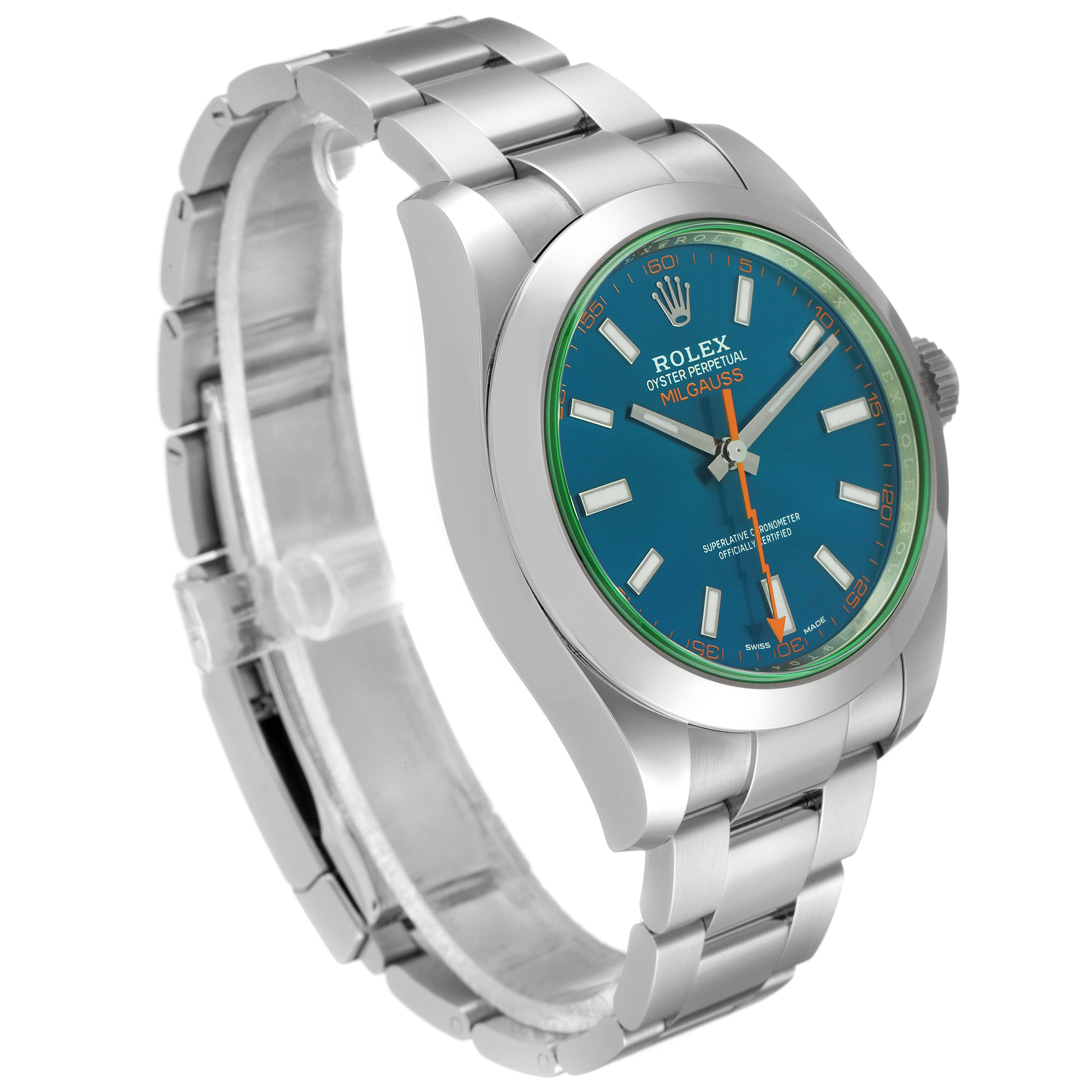 The image shows a Rolex Milgauss 116400GV Men
s Stainless Steel Blue Dial 116400GV Men
s Stainless Steel Blue Dial watch at a three-quarters angle, highlighting the face, bezel, and bracelet.