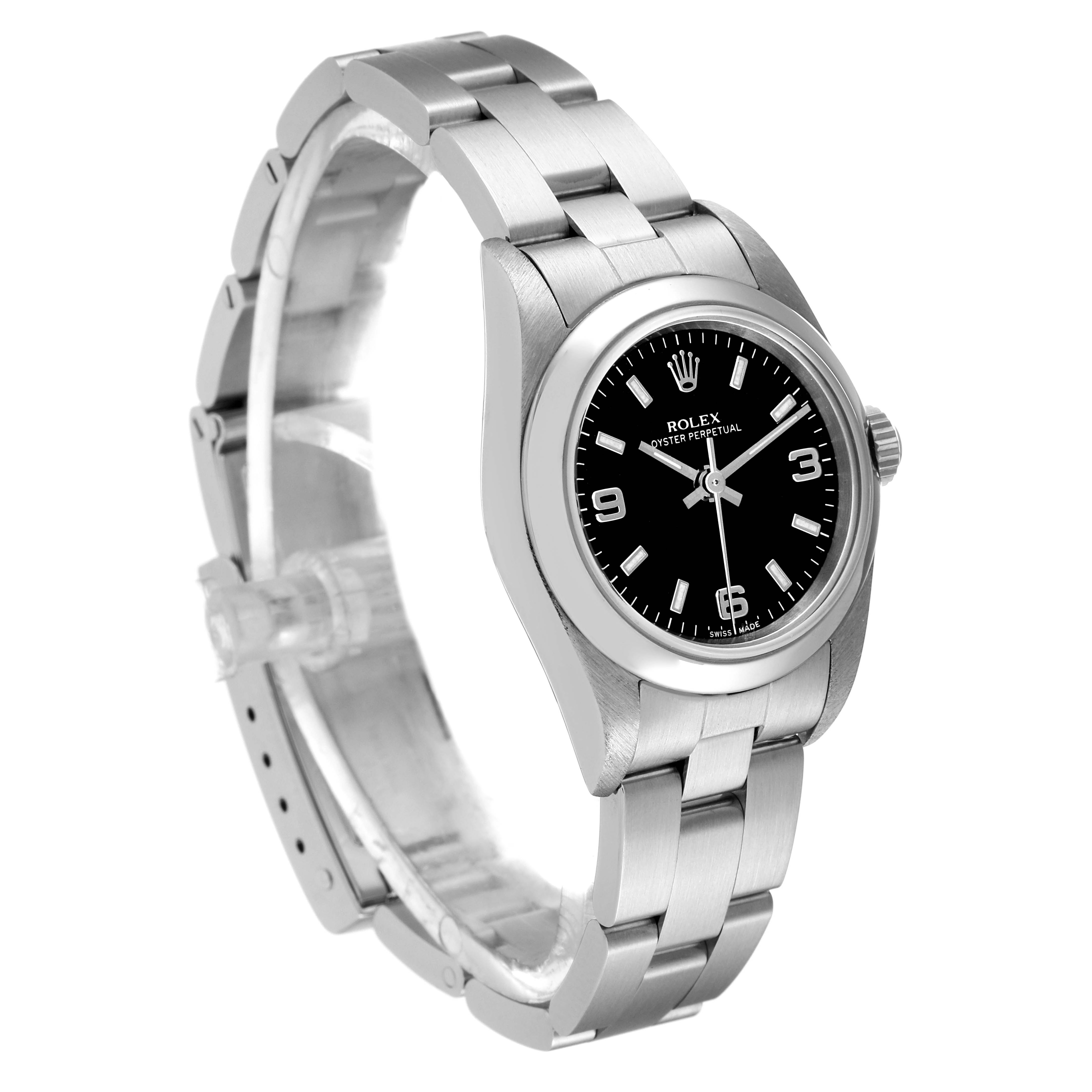 The image shows a Rolex Oyster Perpetual 76080 Women's Stainless Steel Black Dial 76080 Women's Stainless Steel Black Dial watch at a three-quarter angle, highlighting the dial, bezel, and bracelet.