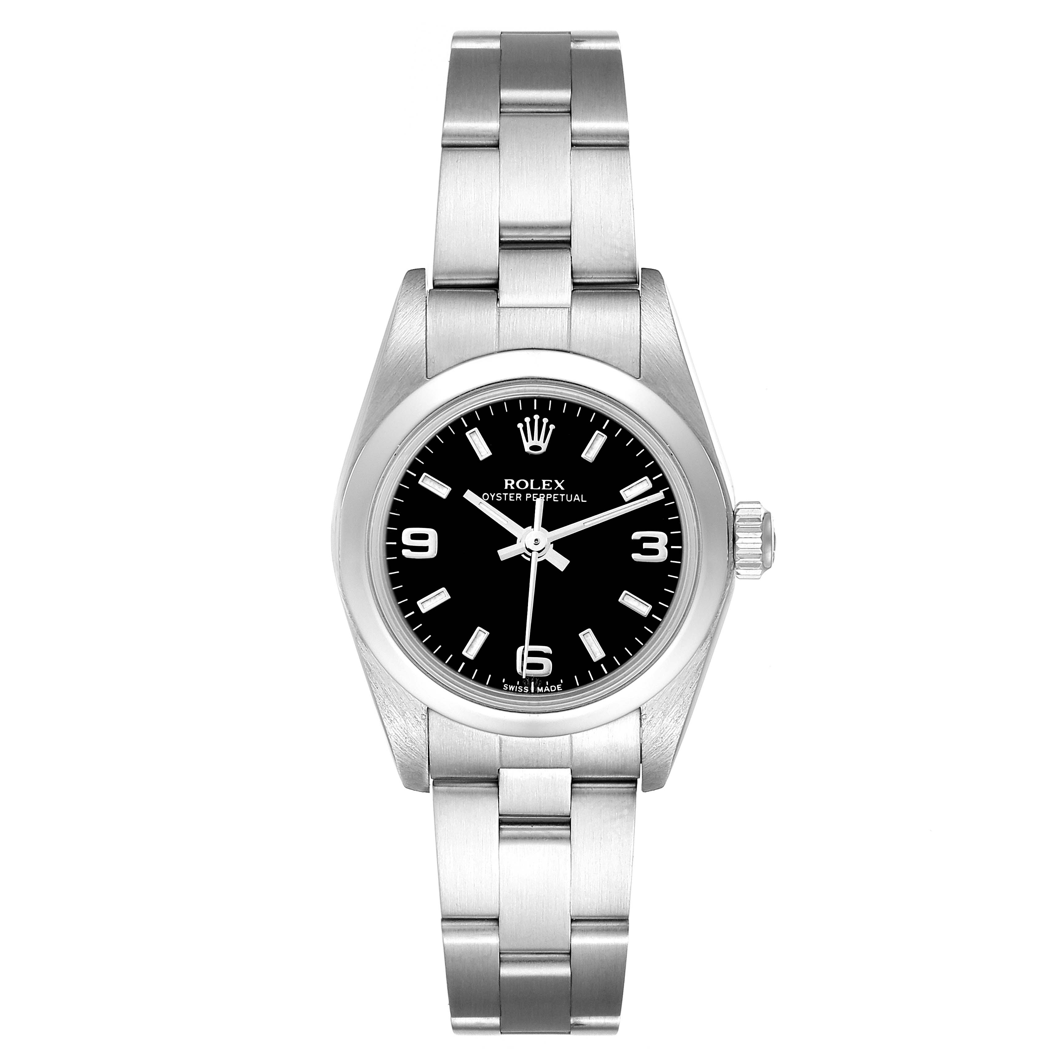 This image shows a front view of a Rolex Oyster Perpetual 76080 Women's Stainless Steel Black Dial 76080 Women's Stainless Steel Black Dial watch, highlighting the black dial, hands, hour markers, and metal bracelet.