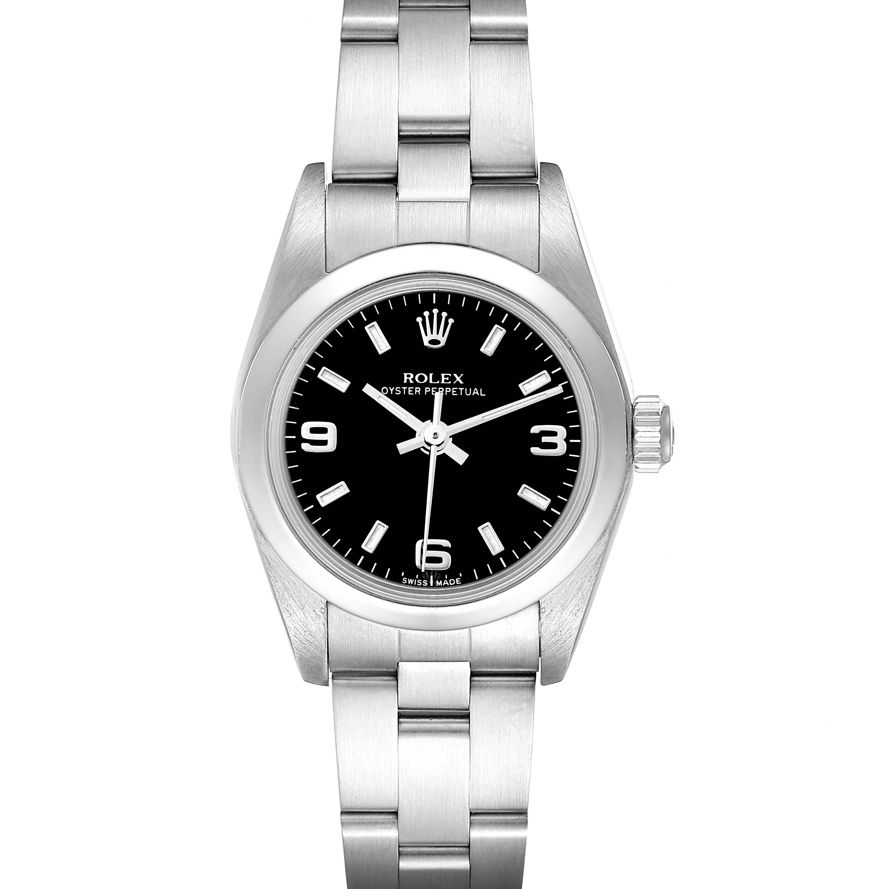 The image shows a front view of a Rolex Oyster Perpetual 76080 Women's Stainless Steel Black Dial 76080 Women's Stainless Steel Black Dial watch, highlighting its black dial, stainless steel case, and bracelet.