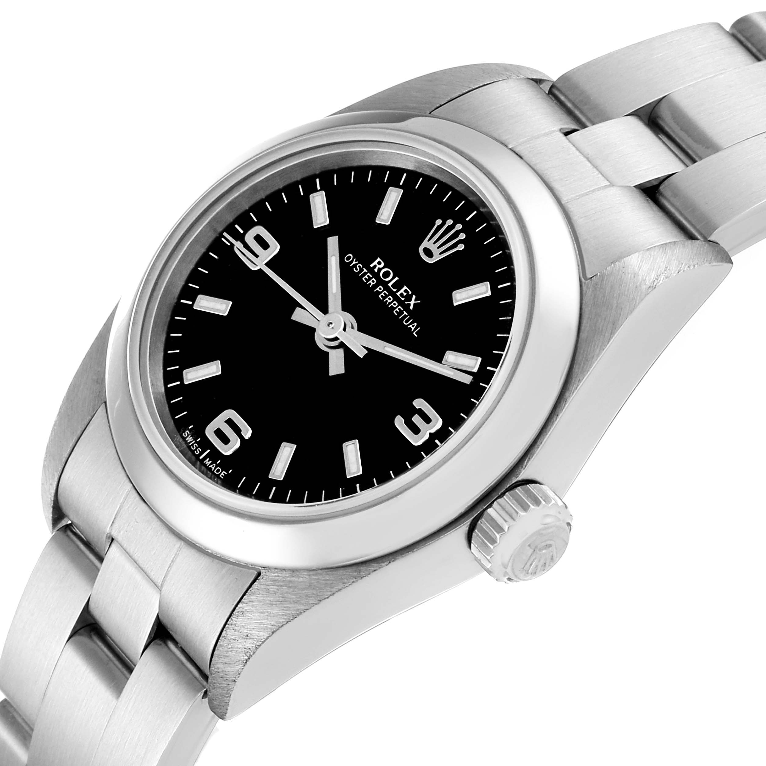 The image shows a side angle of a Rolex Oyster Perpetual 76080 Women's Stainless Steel Black Dial 76080 Women's Stainless Steel Black Dial watch, displaying its black dial, crown, and partial bracelet.