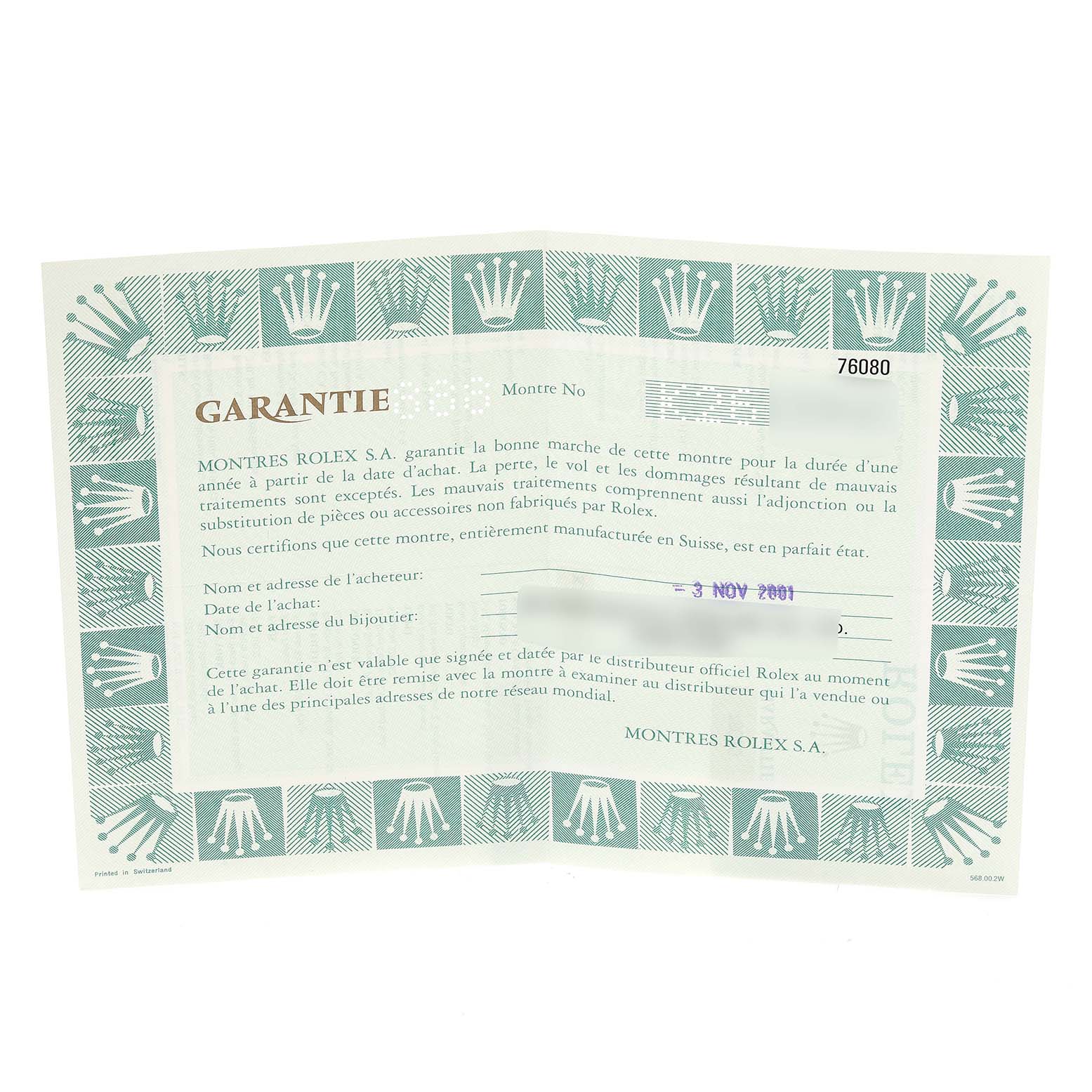 This image shows the warranty certificate for an Oyster Perpetual model by Rolex.