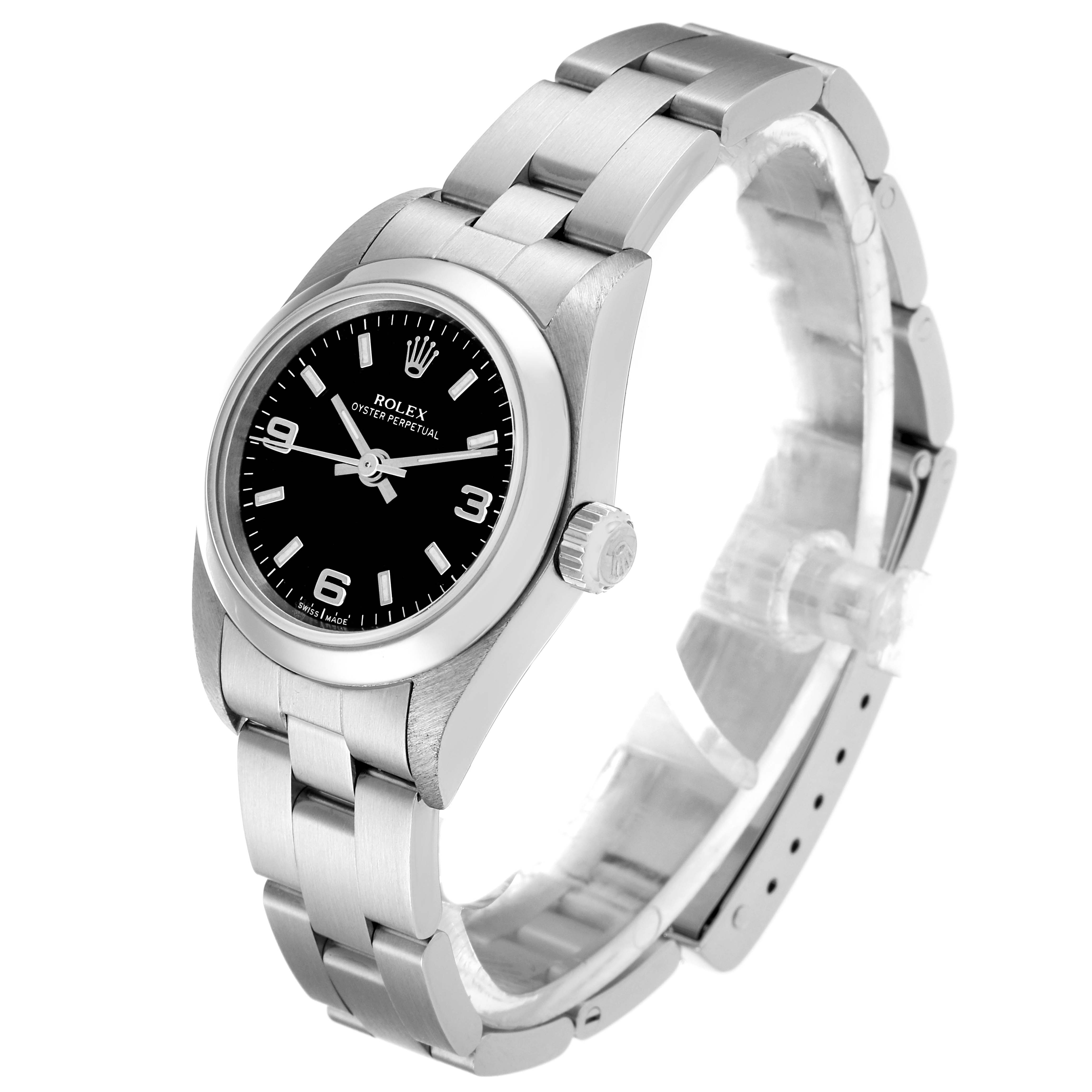 The image displays a Rolex Oyster Perpetual 76080 Women's Stainless Steel Black Dial 76080 Women's Stainless Steel Black Dial watch at a side-angle, showcasing its black dial, silver hour markers, crown, and stainless steel bracelet.
