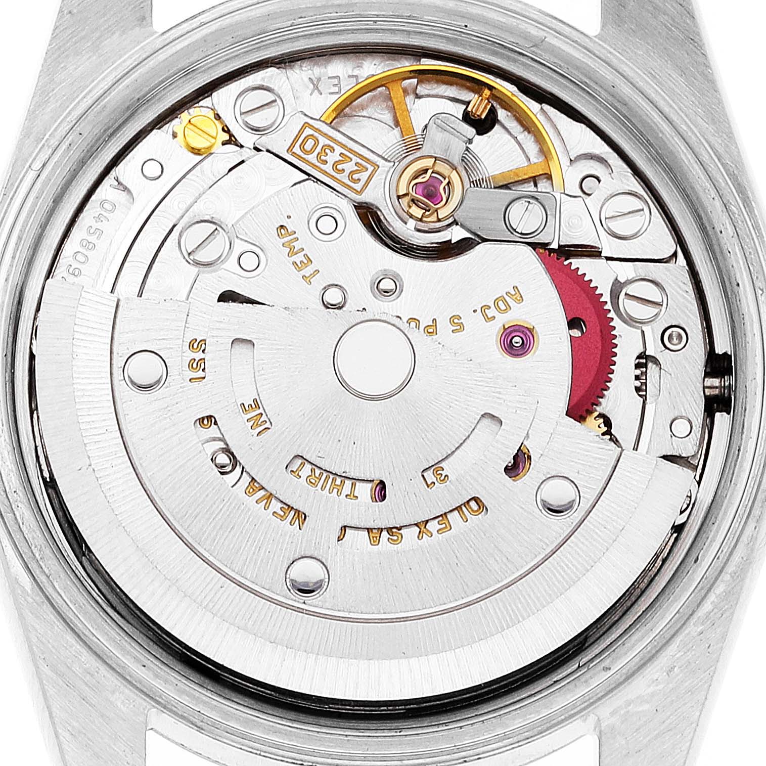 This image shows the back view of the movement mechanism of a Rolex Oyster Perpetual 76080 Women's Stainless Steel Black Dial 76080 Women's Stainless Steel Black Dial watch.