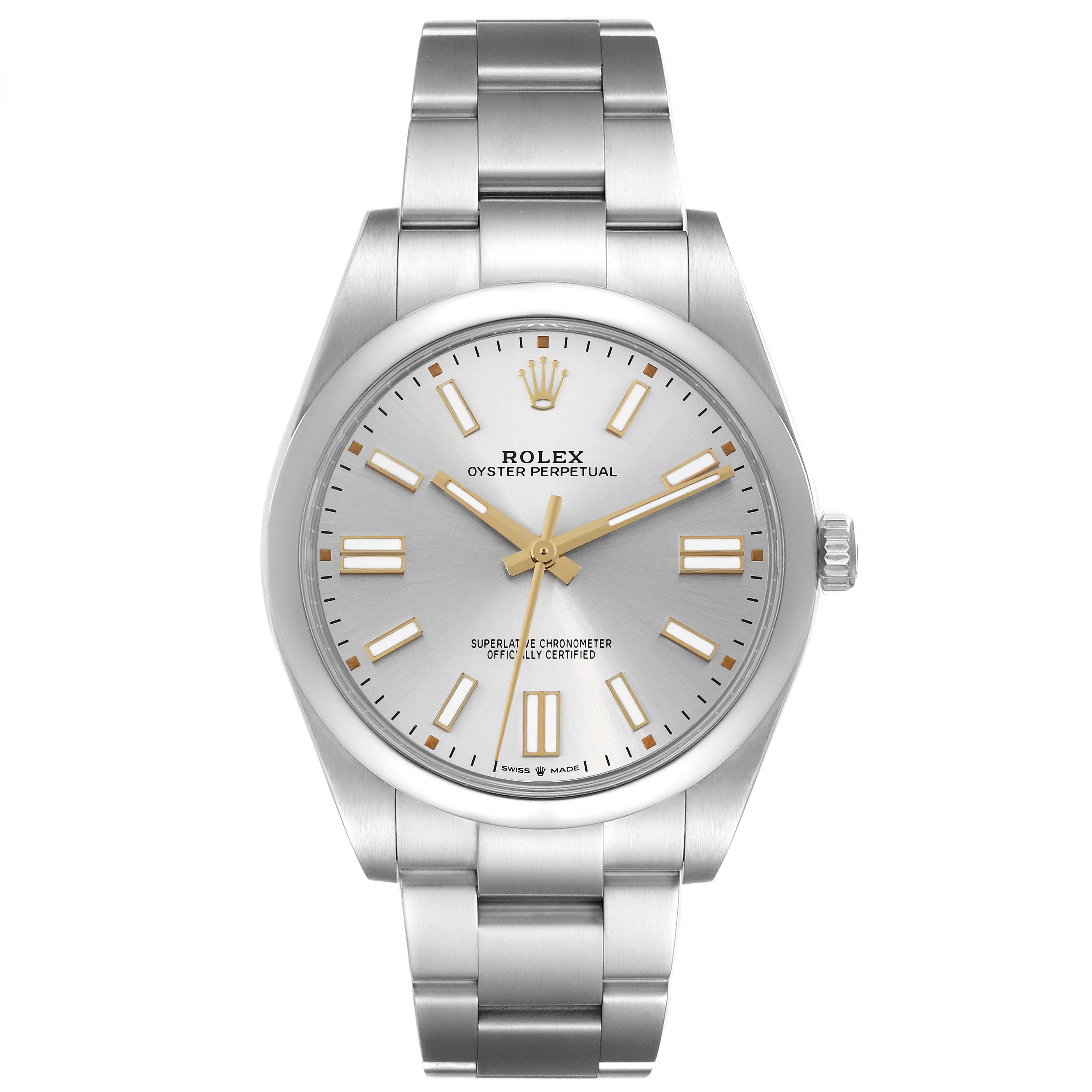 This Rolex Oyster Perpetual 124300 Men's Stainless Steel Silver Dial 124300 Men's Stainless Steel Silver Dial watch is shown from a front angle, displaying its dial, hands, indices, and metal bracelet.