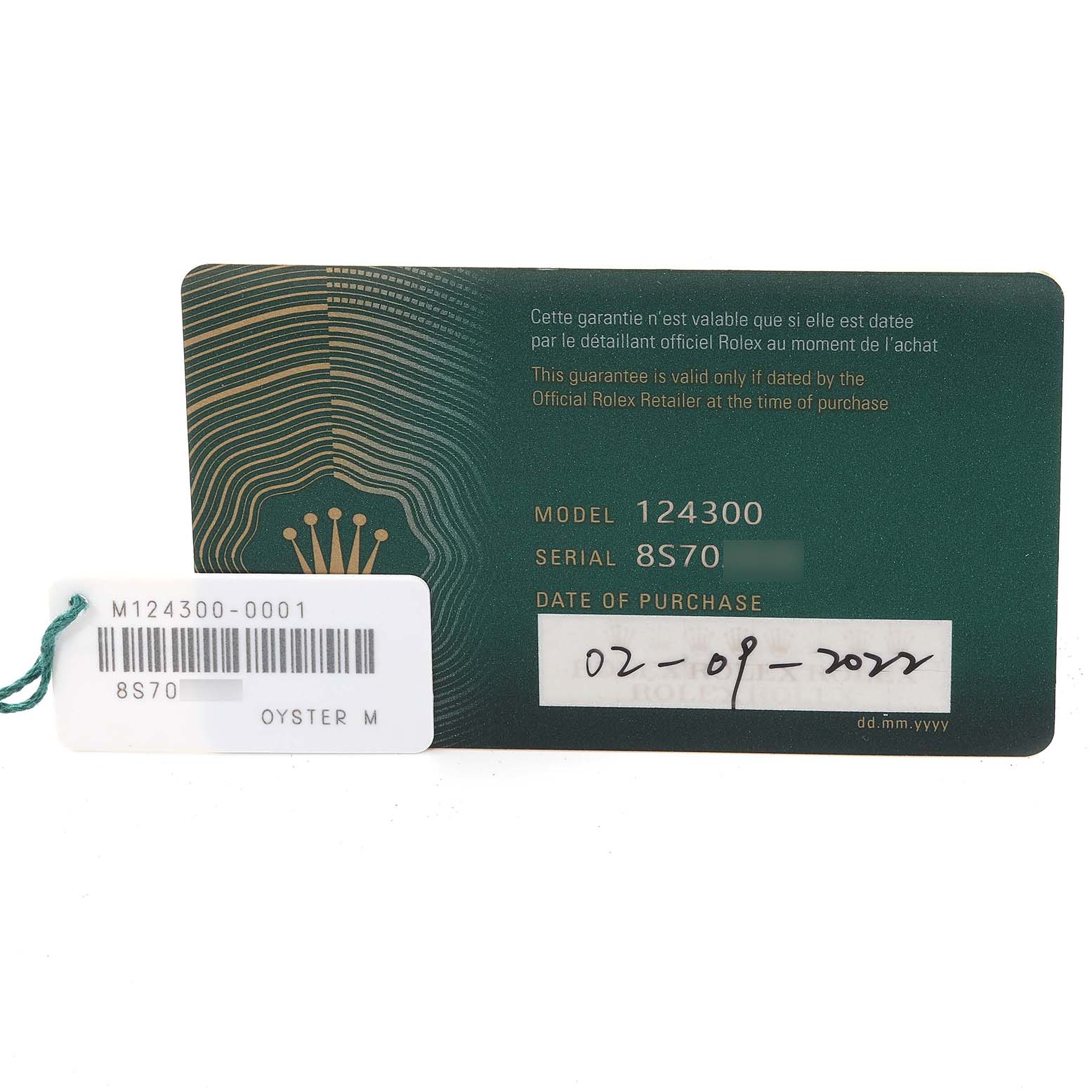 The image shows the model and serial numbers along with the purchase date for a Rolex Oyster Perpetual 124300 Men's Stainless Steel Silver Dial 124300 Men's Stainless Steel Silver Dial 124300 watch.